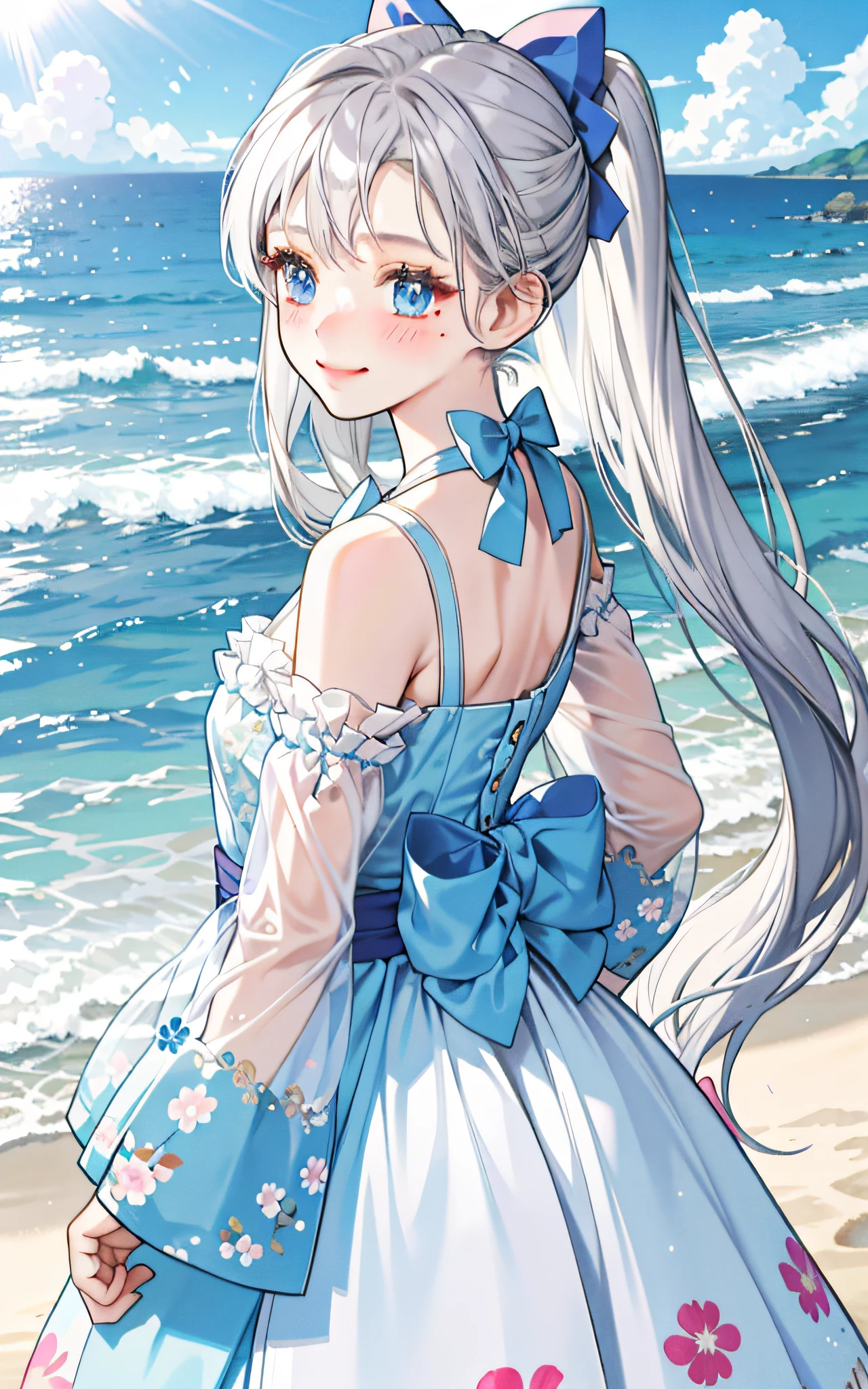 Back girl looking back with a shy smile, blushing, dressed in a yutaka with floral print, beach scenery, girl with silver hair, light blue eyes, mole, with a white bow in her hair,