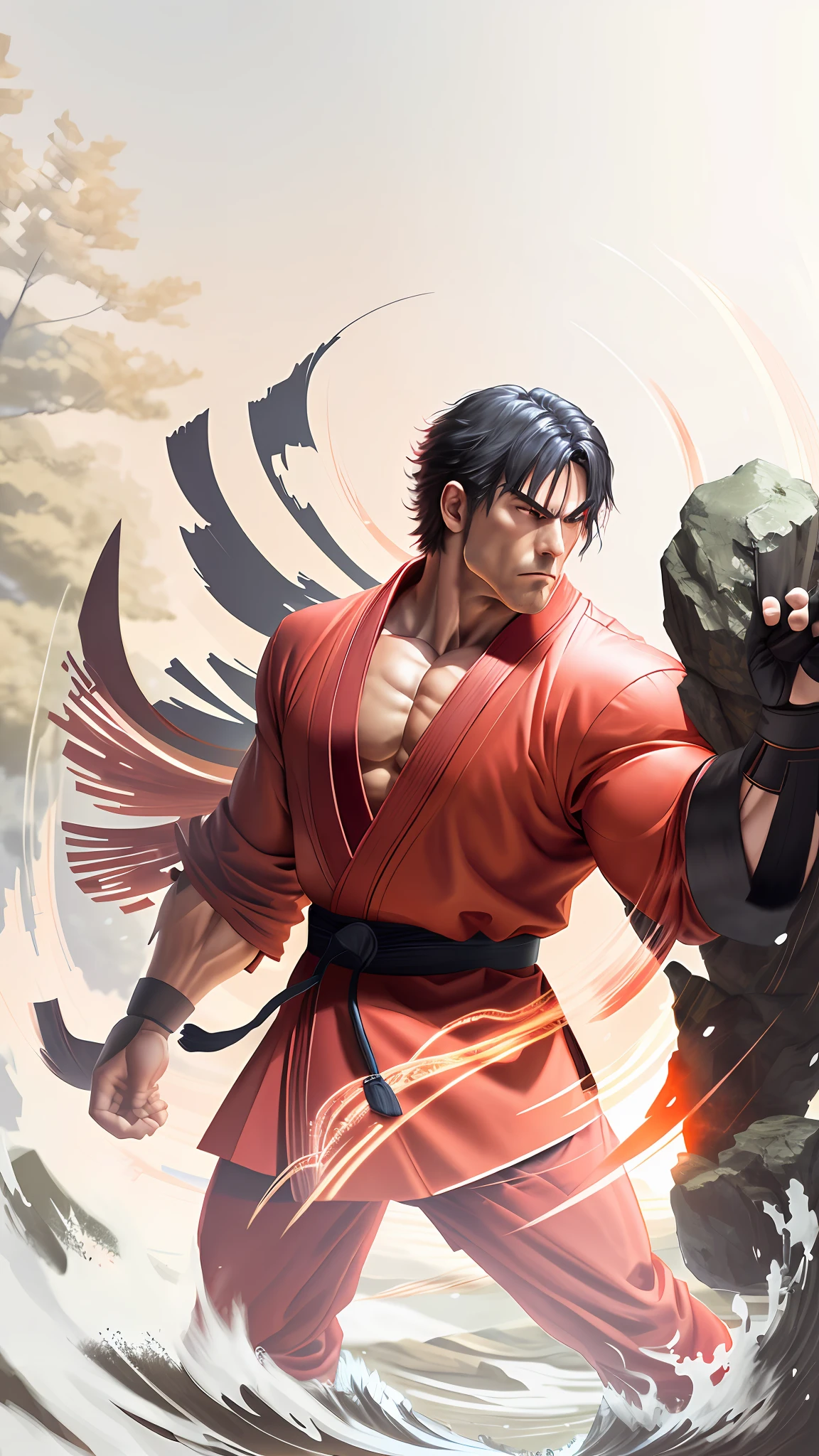 A man in red kimono dropping a hadouken, fighter, powers, cinematic effects, highly detailed, forest background at sunset, short black hair, big muscles