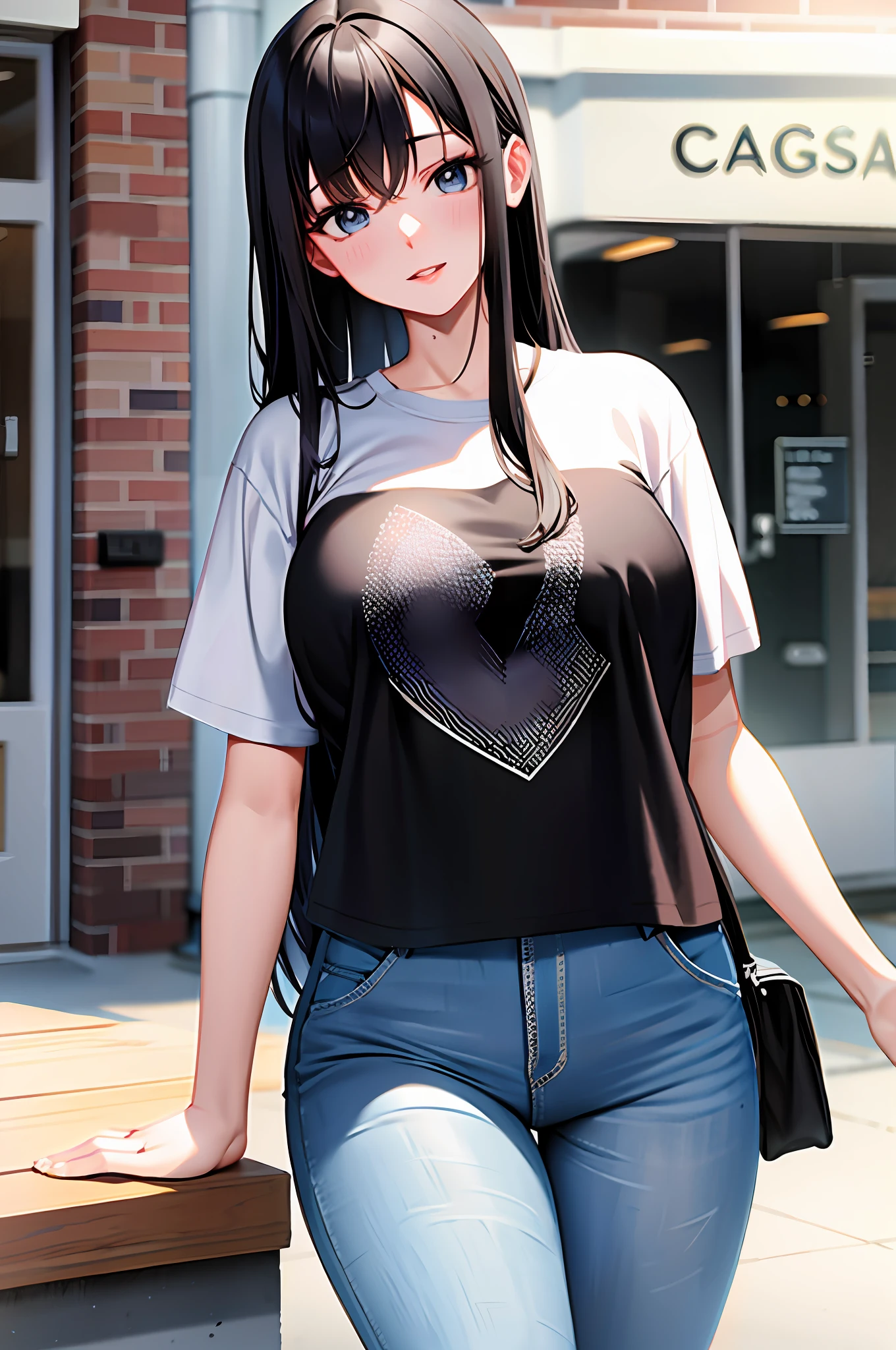 College girl, big, t-shirt, jeans, long black hair