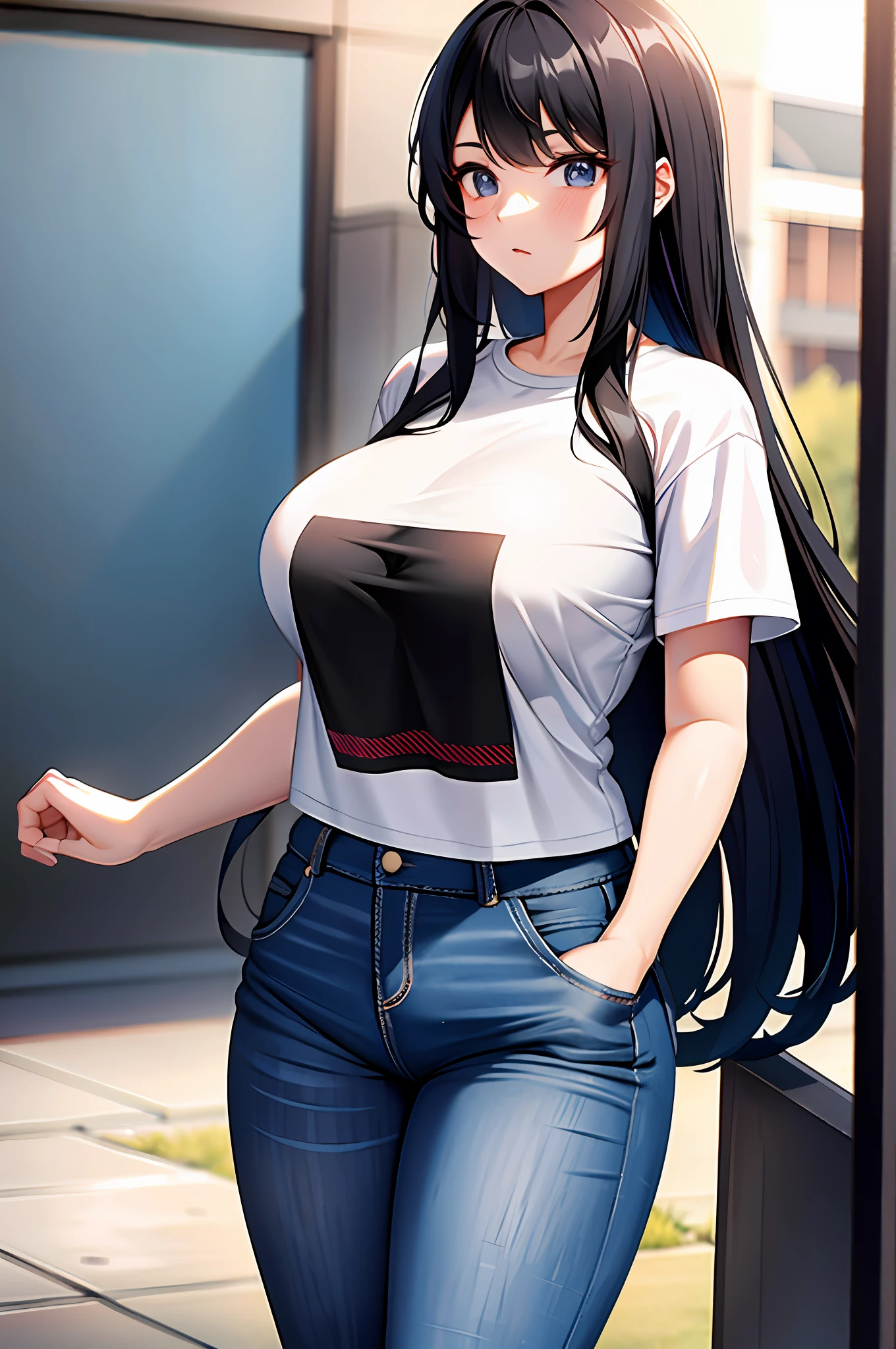 College girl, big, t-shirt, jeans, long black hair