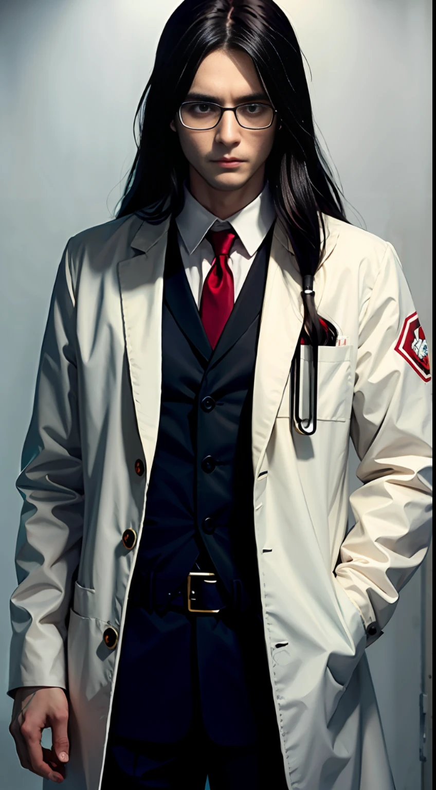 Man, long hair, with glasses, doctor, blood on white coat, expressionless, hands in pockets, bloody, rotten, dirty, sketch, anime key visuals, fog, evil, Bauhaus art, dramatic lighting, mystery