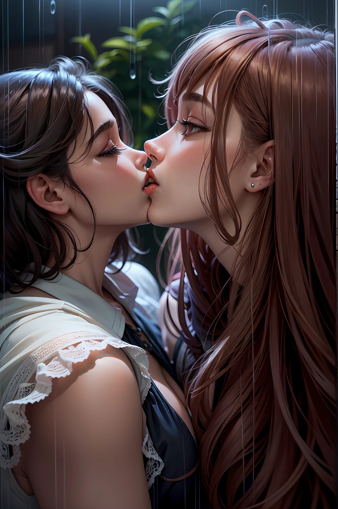 Masterpiece, best quality, high resolution, detail, unusual angle, beautiful lesbians, girl kissing another girl, unusual hair, you can see the whole body, full-length angle to the floor, two lesbian girls kissing in the rain