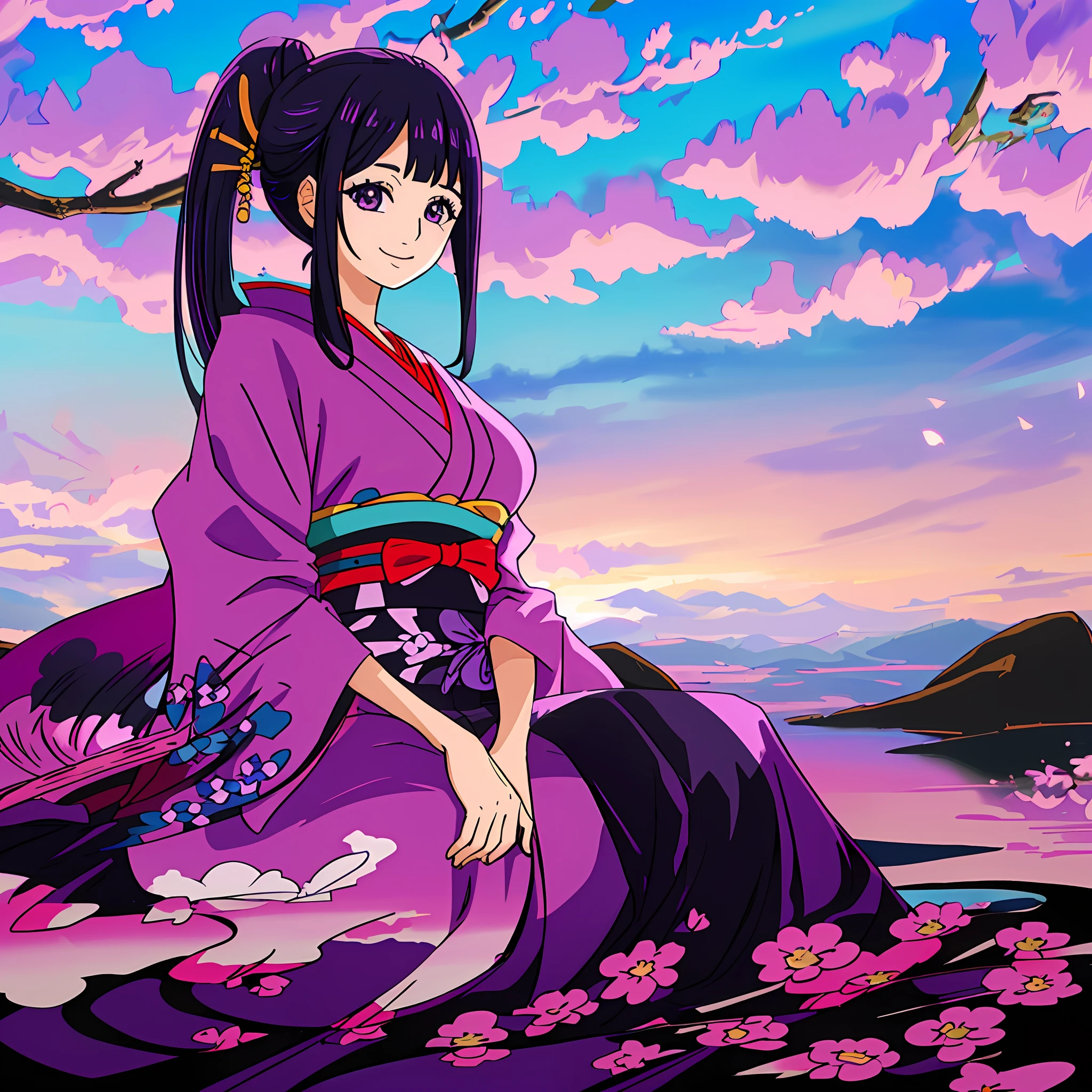 1woman, ((((((((solo)))))))), beautiful, traditional kimono, long black hair, gradient hair, purple hair, smiling, ((((masterpiece)))), ((((best quality)))), (((highres))), Wano country, (((nature))), (((large breasts)))