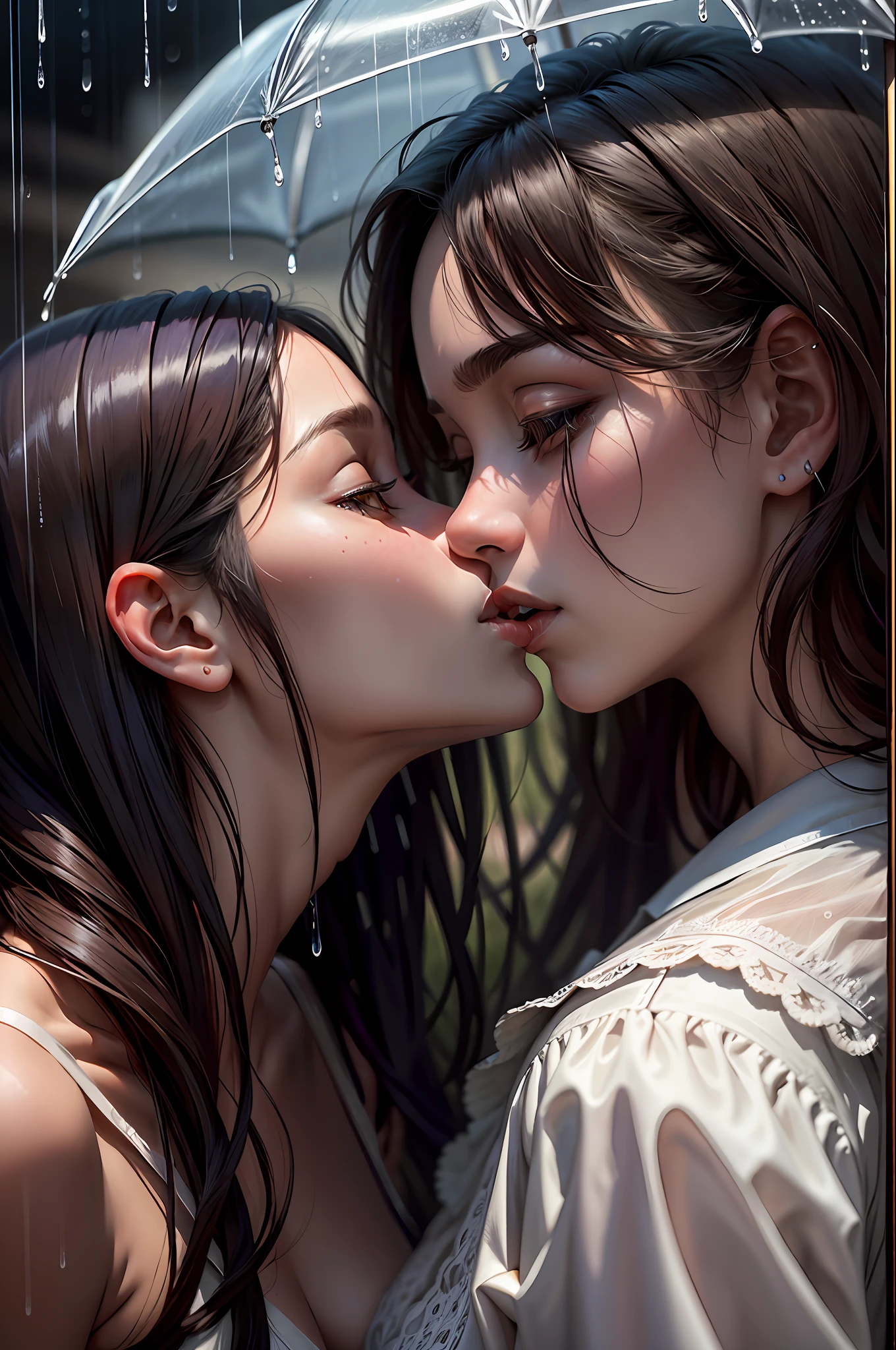Masterpiece, best quality, high resolution, detail, unusual angle, beautiful lesbians, girl kissing another girl, unusual hair, you can see the whole body, full-length angle to the floor, two lesbian girls kissing in the rain