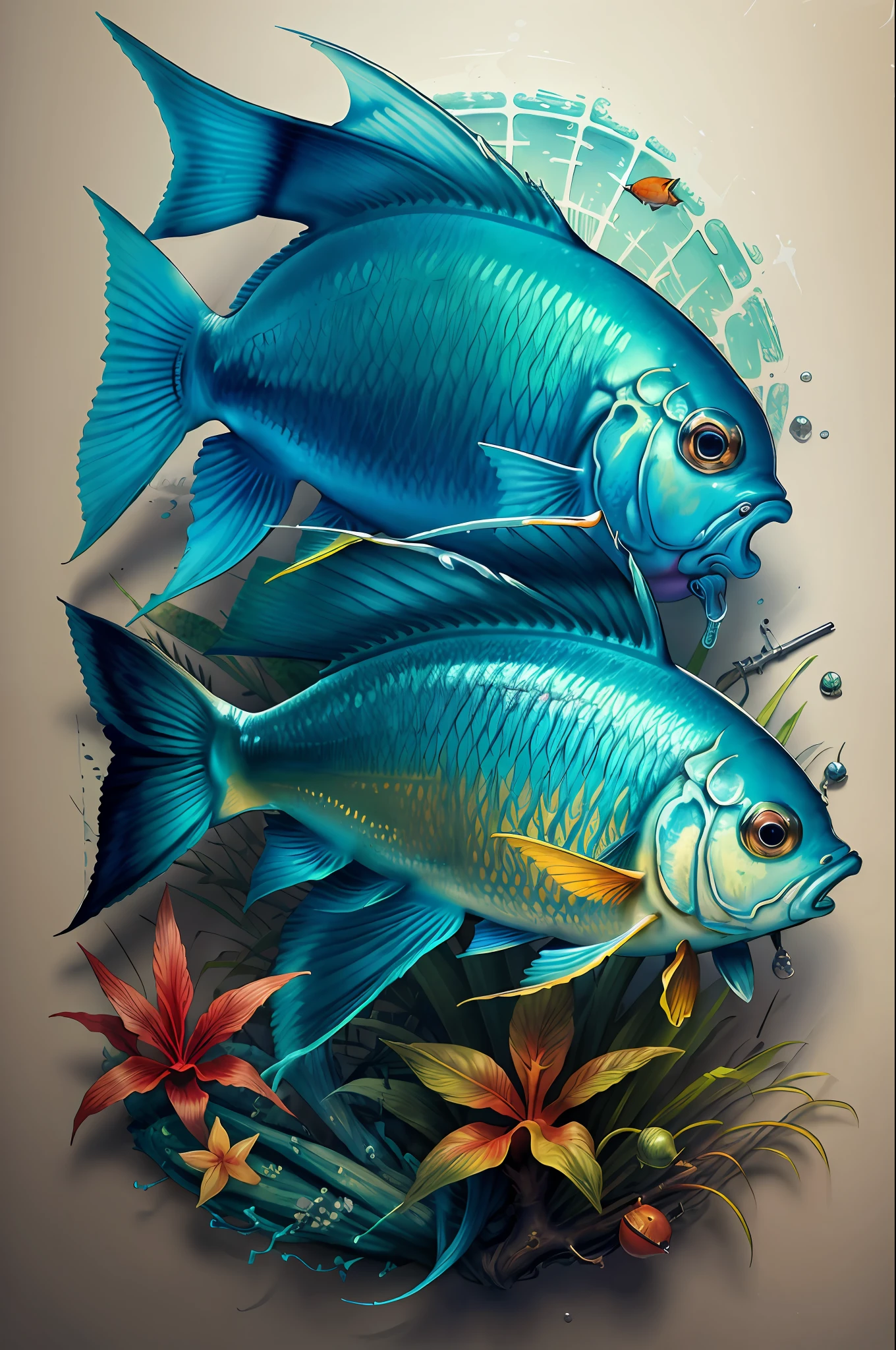 tropical, (((masterpiece))),bestquality,illustration,beautifuldetailedglow, underwear, (fish), neon color