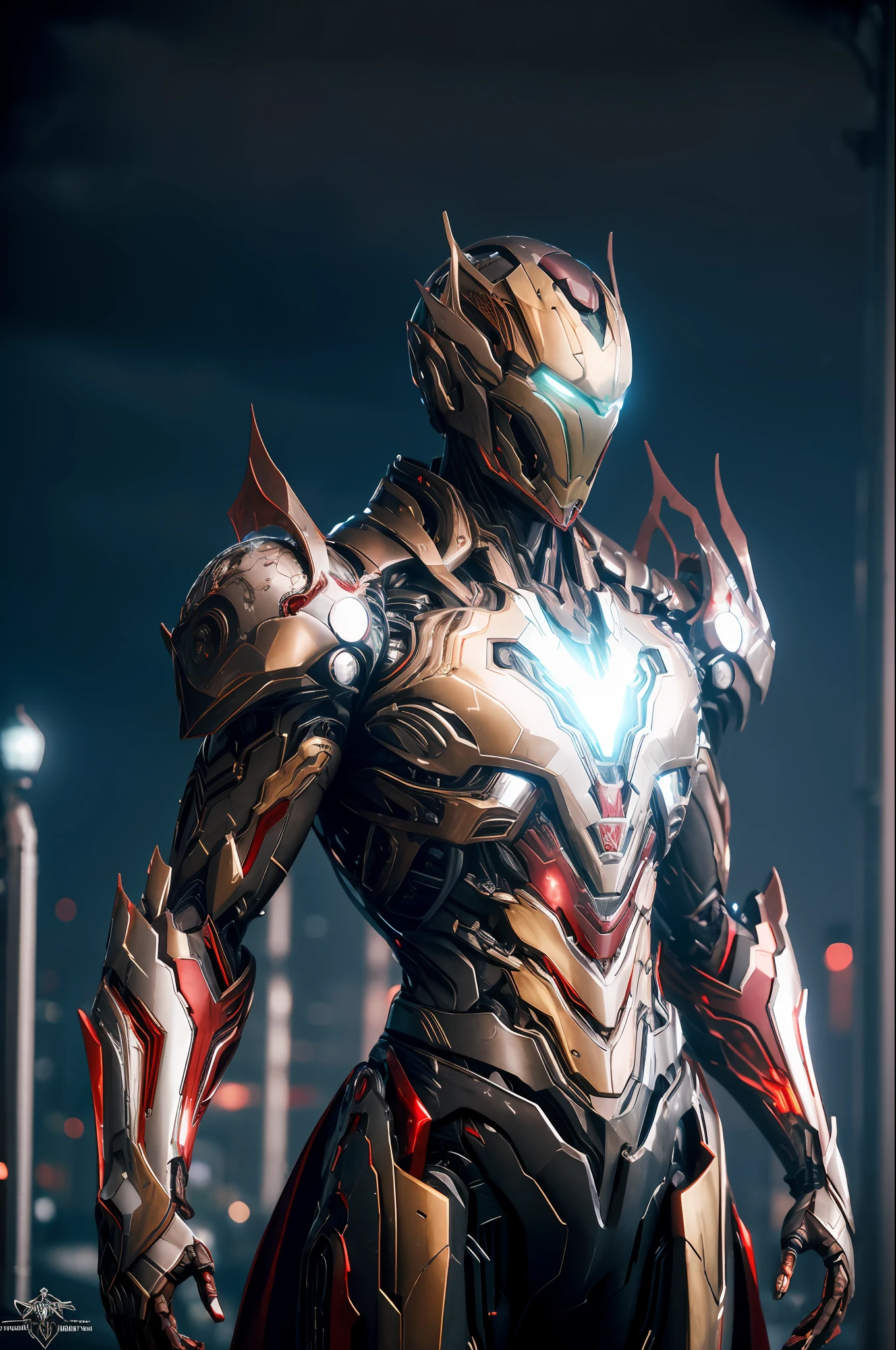 Iron Man WARFRAME, intricate pattern, heavy metal, power lines, faceless, bright eyes, elegant, intense, blood red and black uniform, solo, modern, city, streets, dark clouds, storm, heavy rain,
dramatic lighting,
(masterpiece: 1.2), best quality, high resolution, beautiful detailed, extremely detailed, perfect lighting,