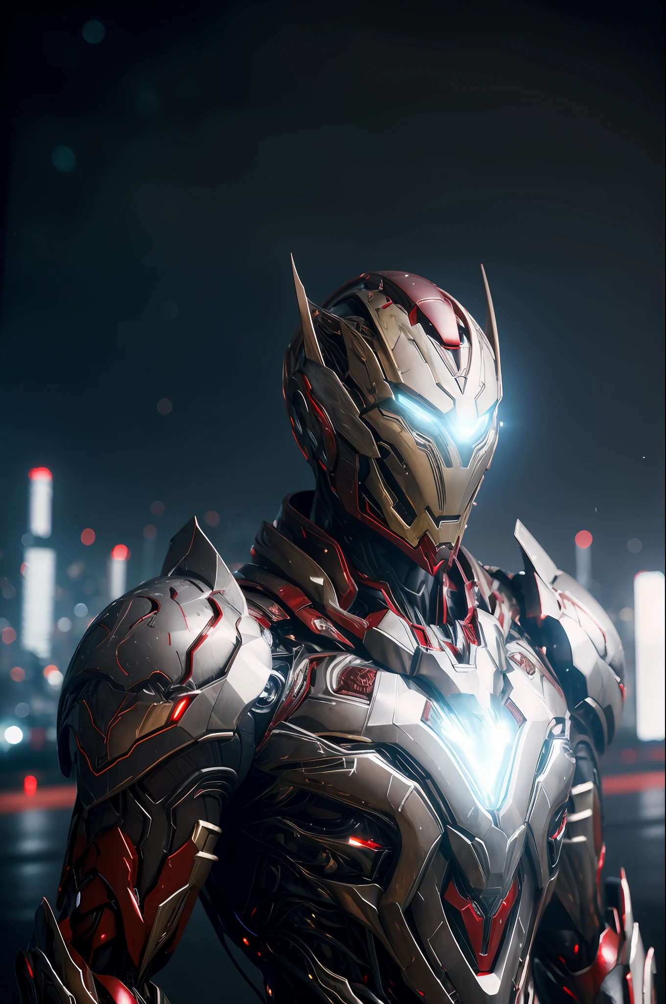Iron Man WARFRAME, intricate pattern, heavy metal, power lines, faceless, bright eyes, elegant, intense, blood red and black uniform, solo, modern, city, streets, dark clouds, storm, heavy rain,
dramatic lighting,
(masterpiece: 1.2), best quality, high resolution, beautiful detailed, extremely detailed, perfect lighting,