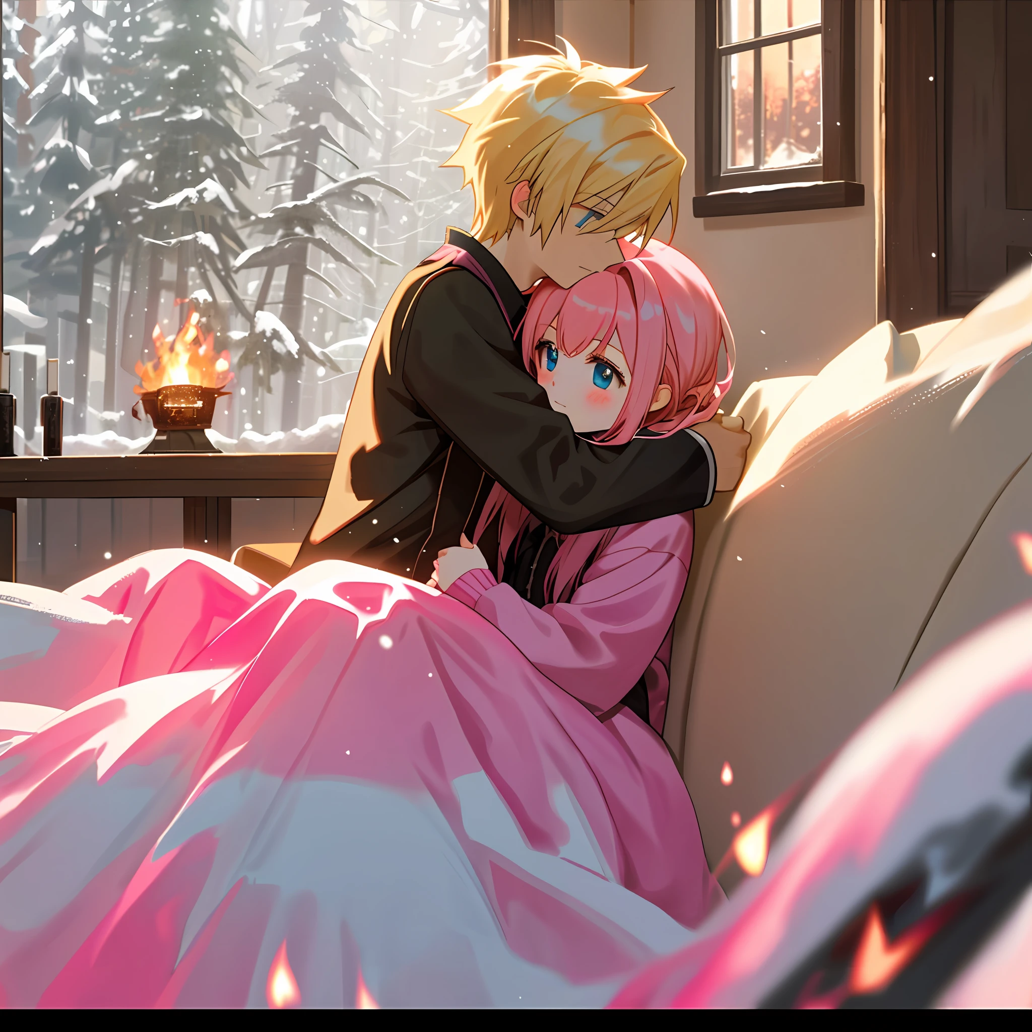 On a couch, a girl with pink hair and blue eyes lay in the arms of a blonde boy, two people, in front of a campfire, and snow fell from the window behind them