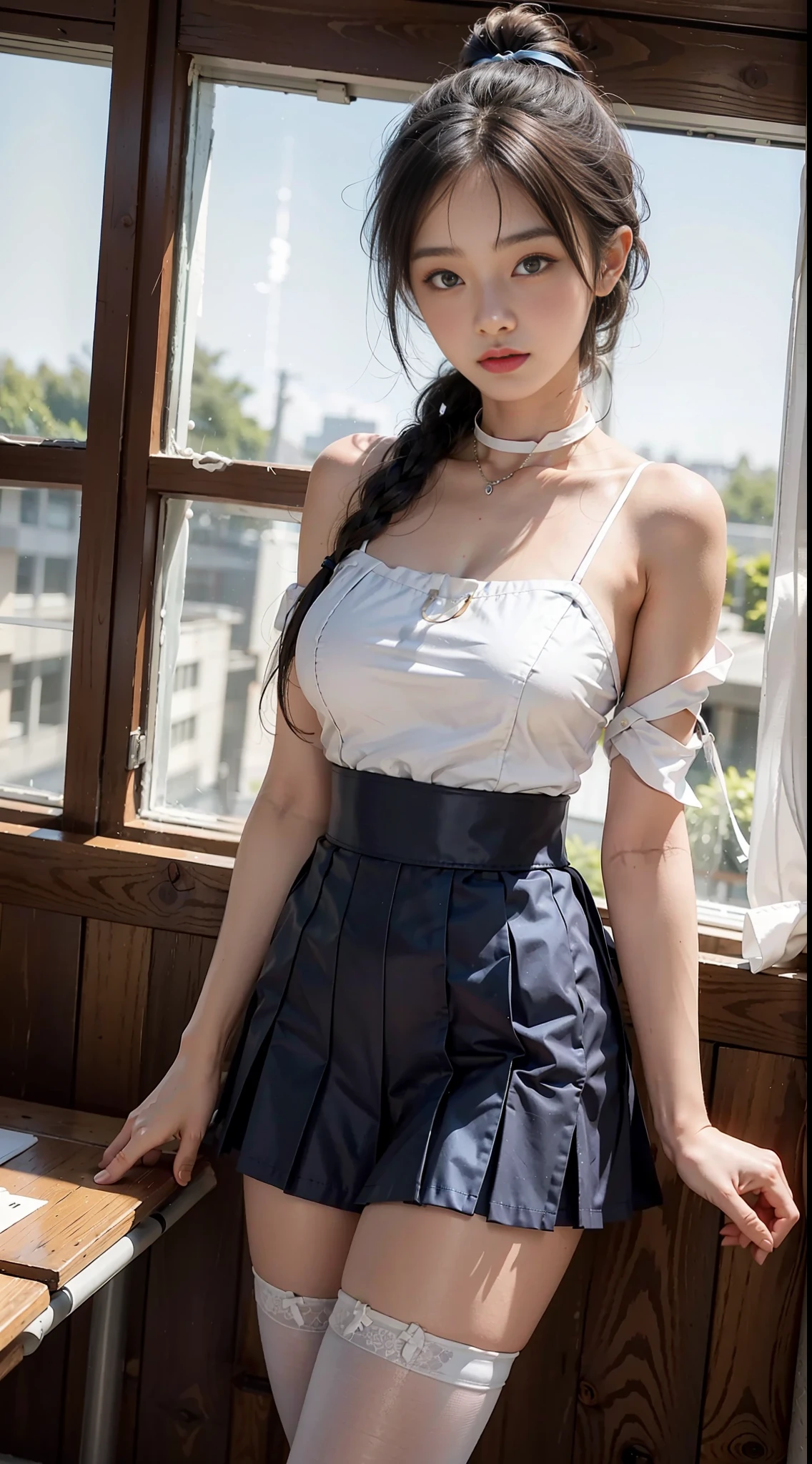 Girl posing for photo in Japanese school uniform, summer, classroom, moist skin, air bangs, big and clear eyes, slightly curly shoulder-length hair, cute, upper body, abdomen, blue and white, streamers, blue short skirt, suspender stockings, slave neck ring, slim figure, oversized bust, slim girl model, 18-year-old female model,
