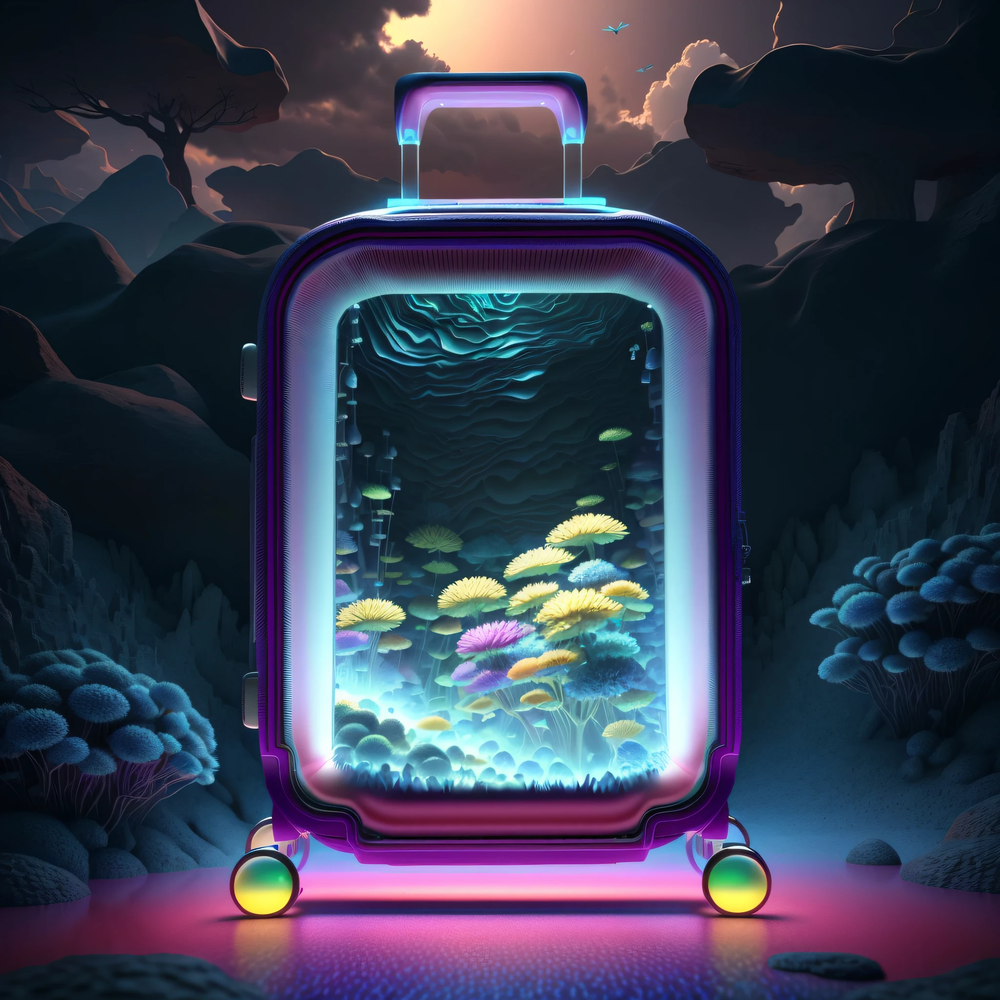 A suitcase product image, (low contrast), color fantasy style masterpiece, best quality, high quality, extremely detailed CG Unity 8k wallpaper, landscape, outdoor, sky, clouds, sky, no one, mountain, landscape, water, tree, blue sky, waterfall, cliff, nature, lake, river, cloudy sky, award winning photography, bokeh, depth of field, HDR, floodlight, chromatic aberration, photorealistic , very detailed, art station trend, CG social trend, complex, high detail, dramatic, halfway art, There is a suitcase with a straw hat on top, clouds, leaves, chrysanthemums floating in the air, paper airplanes, (miniature: 1.2), solid color background, 2.5d illustration, 3d rendering, 3d modeling, bubble matt, trend in behans 3d art, trend in behans 3d art, 3d illustration, 3d illustration, 3d illustration, commercial illustration, cinema 4d color rendering, 3d rendering stylized, stylized digital illustration, 3d stylized scene, stylized 3d rendering