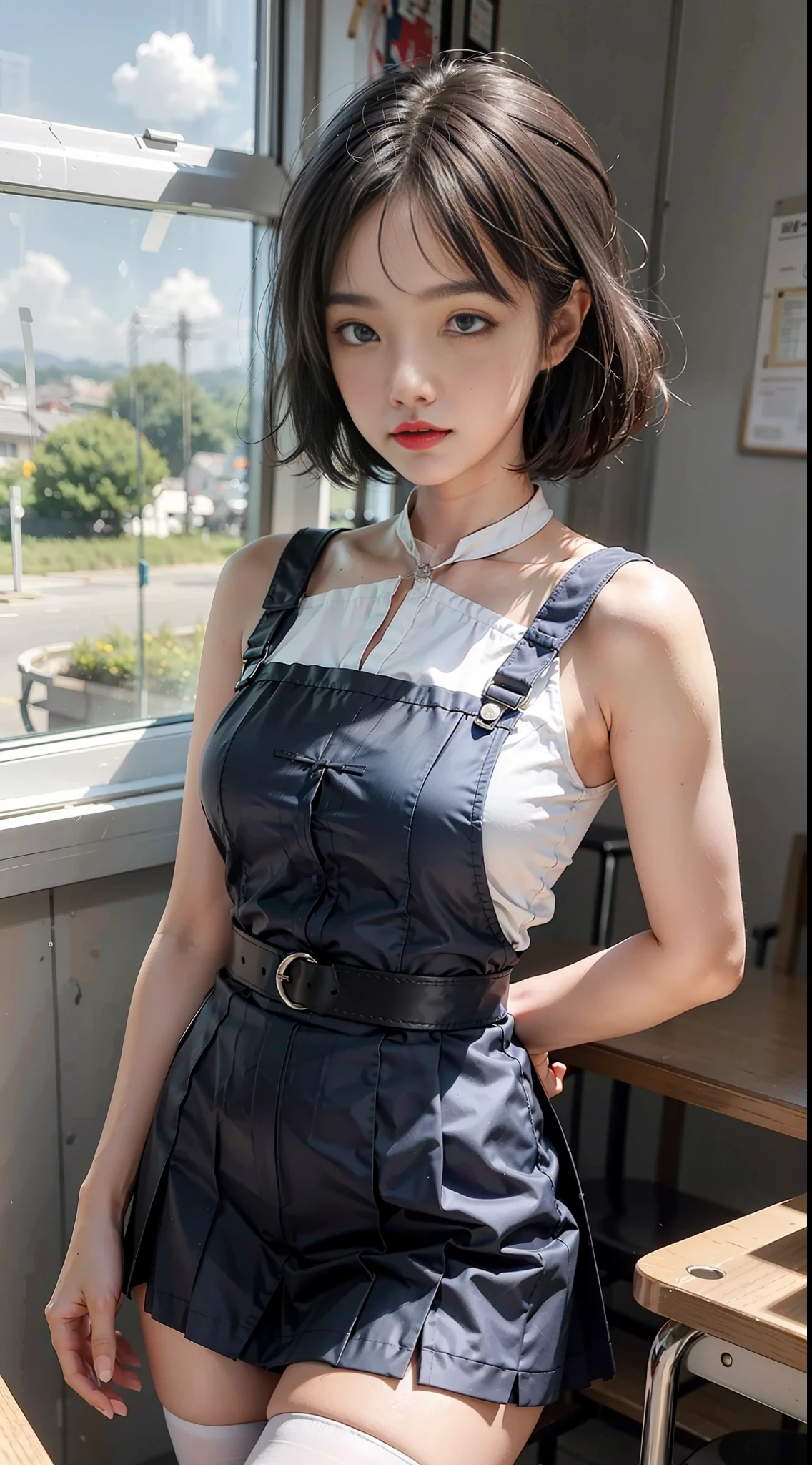 Girl posing for photo in Japanese school uniform, summer, classroom, moist skin, air bangs, big and clear eyes, slightly curly shoulder-length hair, cute, upper body, abdomen, blue and white, streamers, blue short skirt, suspender stockings, slave neck ring, slim figure, oversized bust, slim girl model, 18-year-old female model,