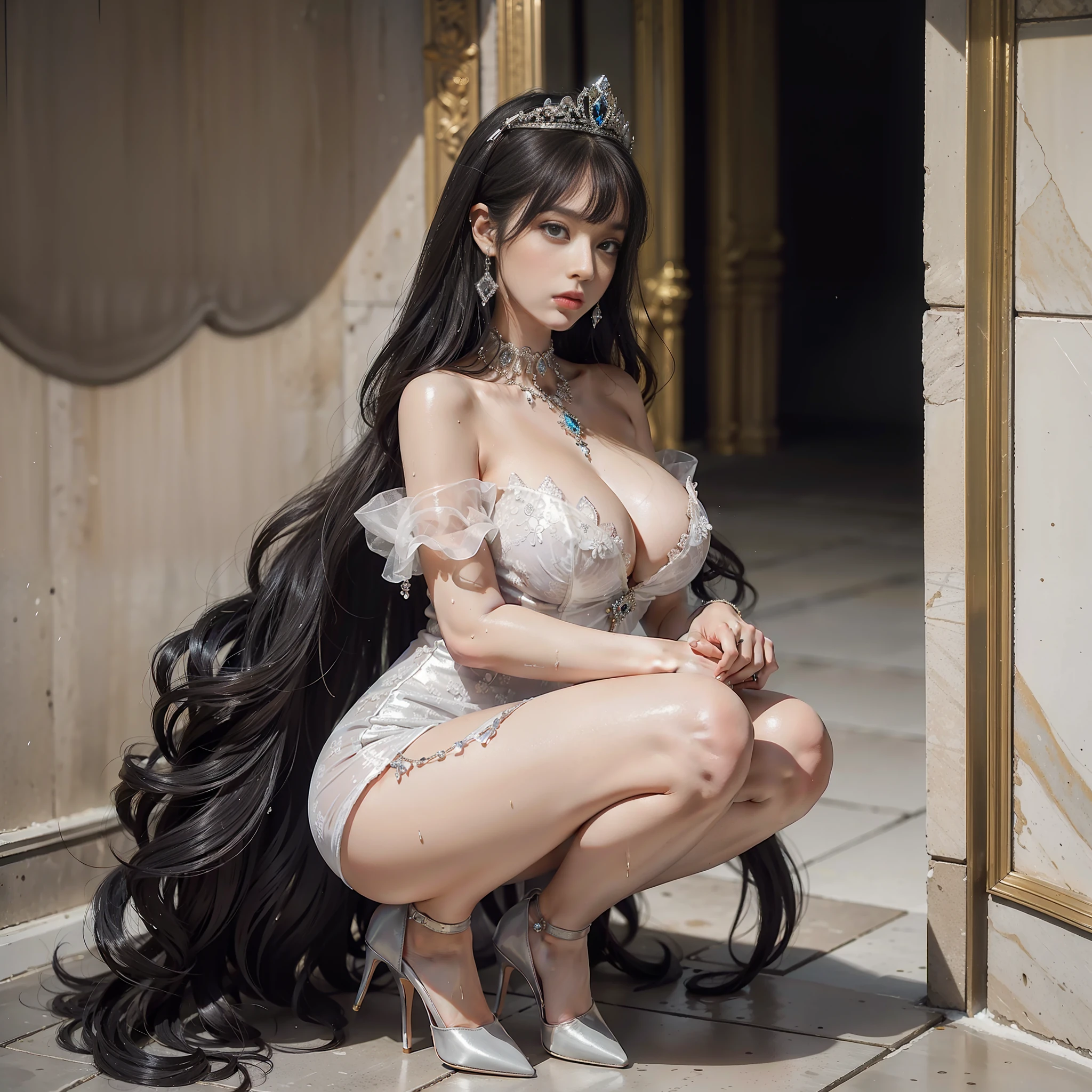 Western European princess, dark basement, humiliation, wet, dripping clothes: 2, half squat, begging, tall, royal jewelry and diamond jewelry, princess crown, luxurious light bright evening dress, dress, beautiful stiletto heels, stiletto heels, big breasts, white skin, 8k,