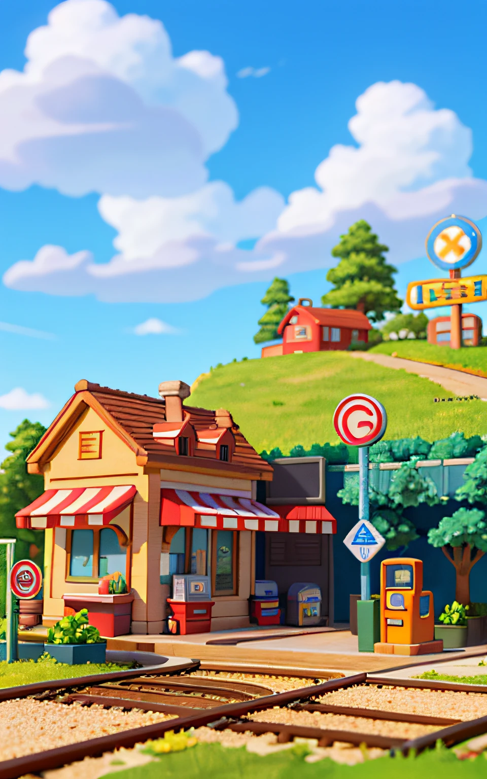 (Miniature cityscape), (Isometric:1), Cartoon style, (Sandbox game style), (White background), (superb detail), Train, Lighting, Clear sky, Outdoors, Landscapes, Clouds, Sky, Signs, Roads, Grass, Vending machines, Power poles, Road signs, Wires, (Railroad tracks: 1.5), Petrol station, Train, Service area, grass, 3D, 8k, HDR, high definition, film grain. Blue sky, white clouds, small trees, mailbox, stairs, clean background