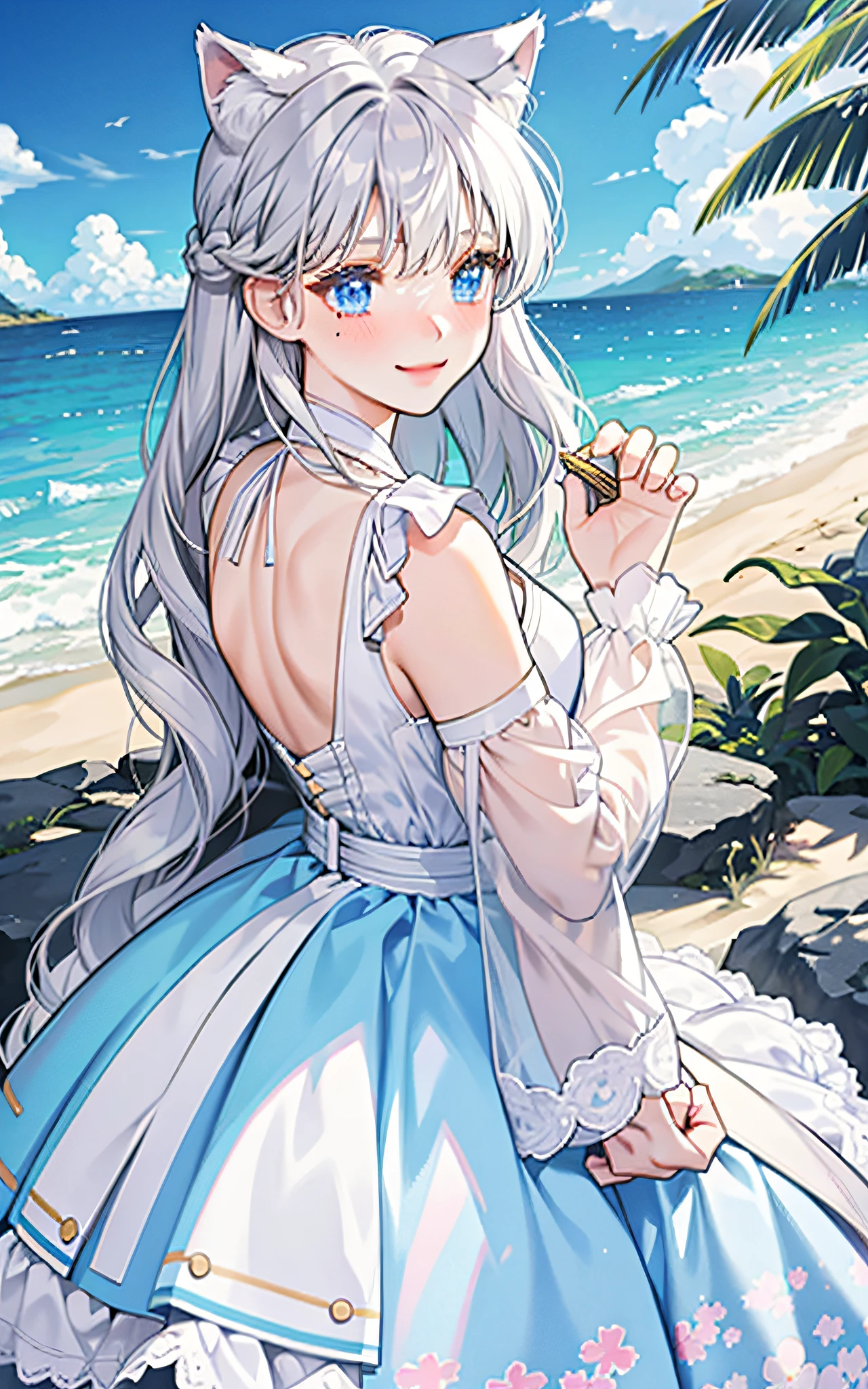 a girl with cat ears behind wearing a floral yutaka with a shy smile, turning around with a shy smile, blushing, a girl with a view of the beach, silver hair, light blue eyes, a mole, a white ribbon in her hair,