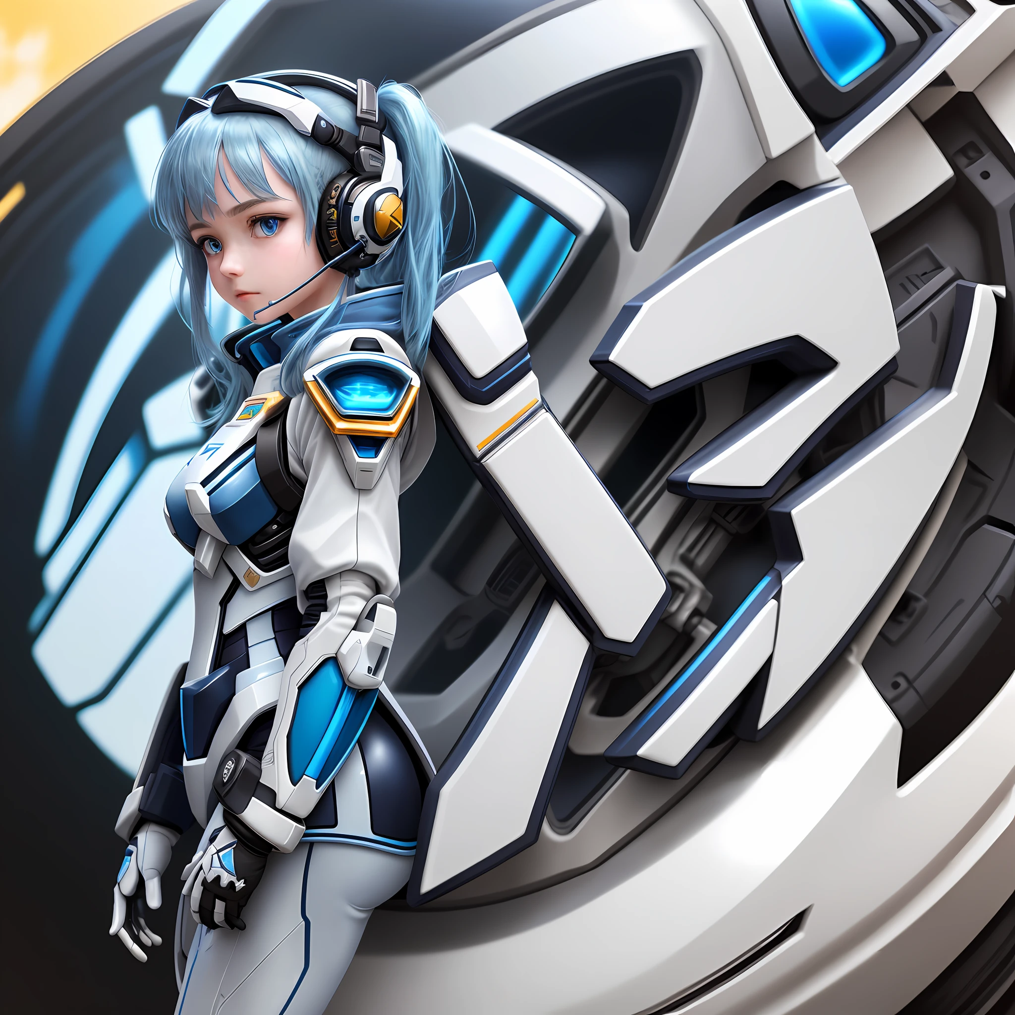 Elaborate CG Unity 8K wallpaper, masterpiece, top quality, distinct_image): (High definition, realistic, detailed details, lone girl, girl with blue hair, full body figure, small breasts, sparkling blue colored eyes, light on face, metallic white and blue and black colored flight suit, tight fit clothes, full-body covering clothes, beauty, ((album cover)), Slim body, exoskeleton, white and blue and black color Gundam pilot, gentle expression, headset)