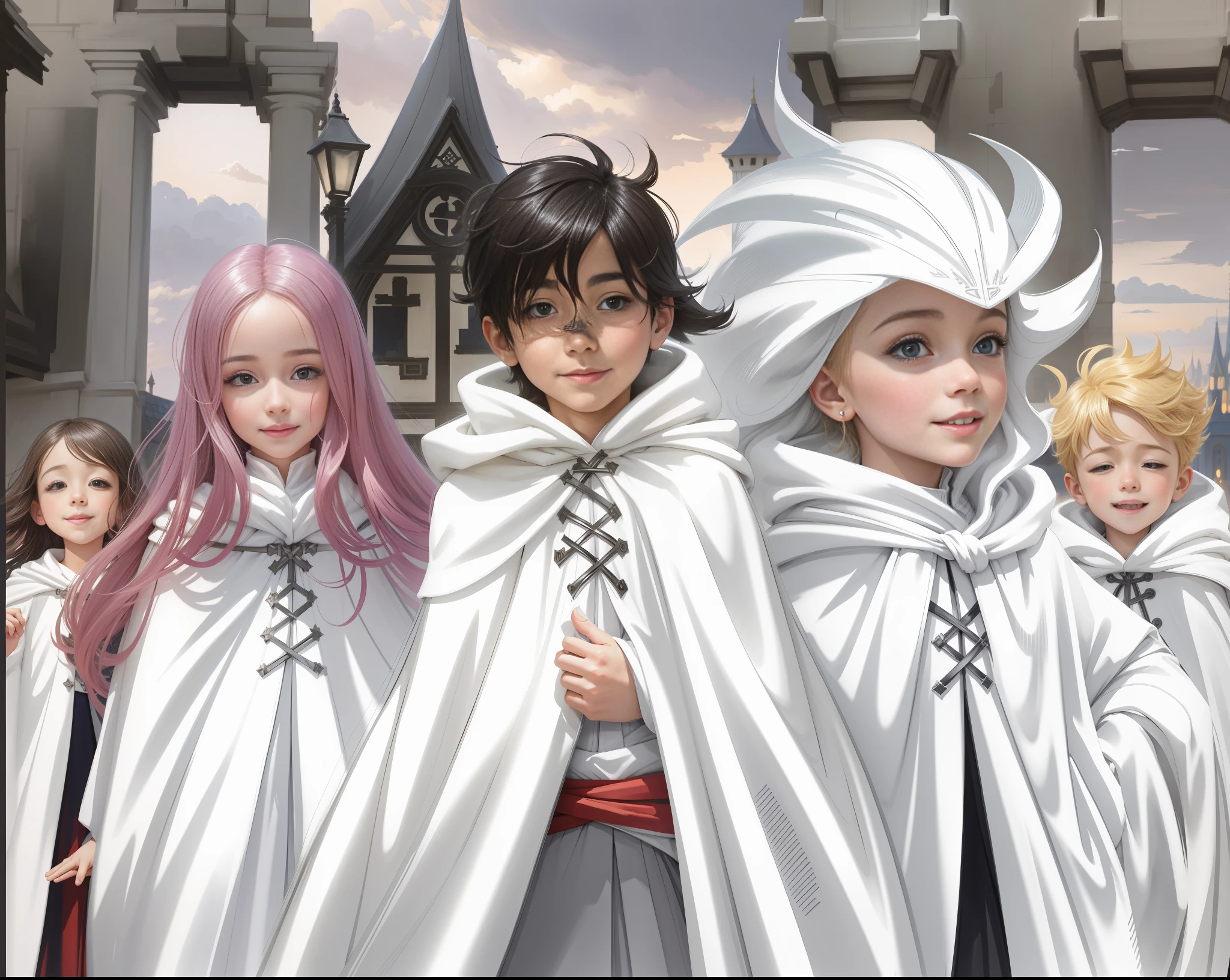 5 children in capes, smiling white capes, soft lighting, European architectural background, HD, Disney style,