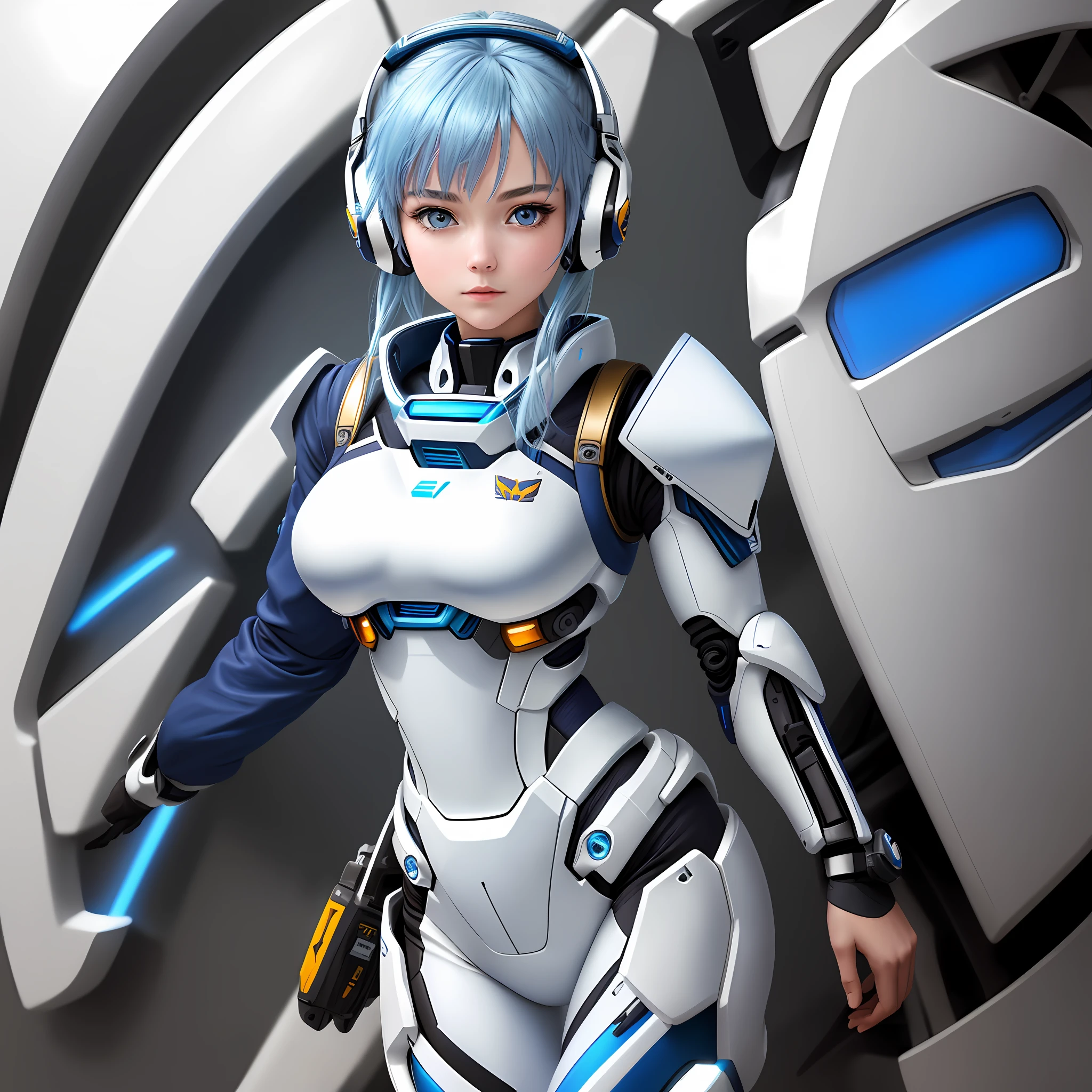 Elaborate CG Unity 8K wallpaper, masterpiece, top quality, distinct_image): (High definition, realistic, detailed details, lone girl, girl with blue hair, full body figure, small breasts, sparkling blue colored eyes, light on face, metallic white and blue and black colored flight suit, tight fit clothes, full-body covering clothes, beauty, ((album cover)), Slim body, exoskeleton, white and blue and black color Gundam pilot, gentle expression, headset)