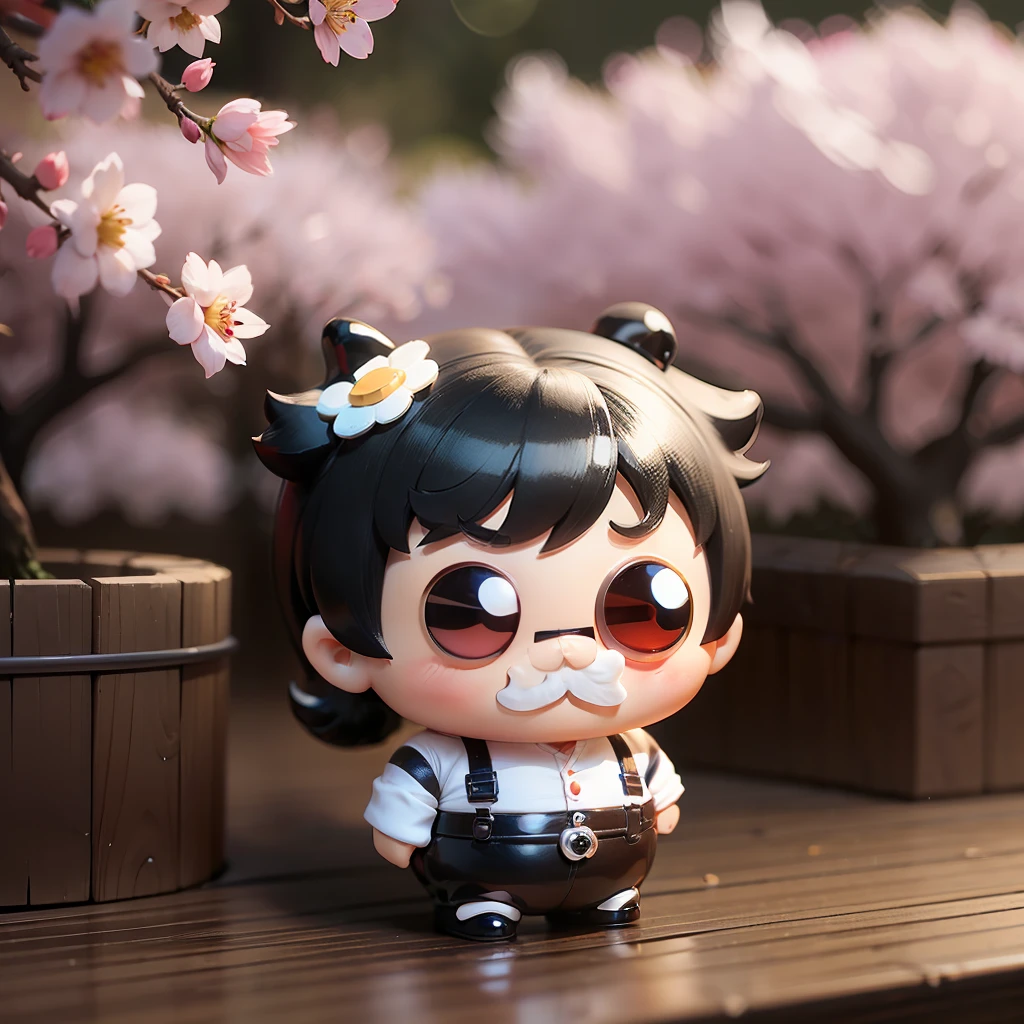 cute chibi style, pudgy, 1 cute chubby man with (googly eyes:1.225), with a mustache, blind box toy, twintails, bangs, PVC material, flower, outdoors, cherry trees, cherry blossoms,