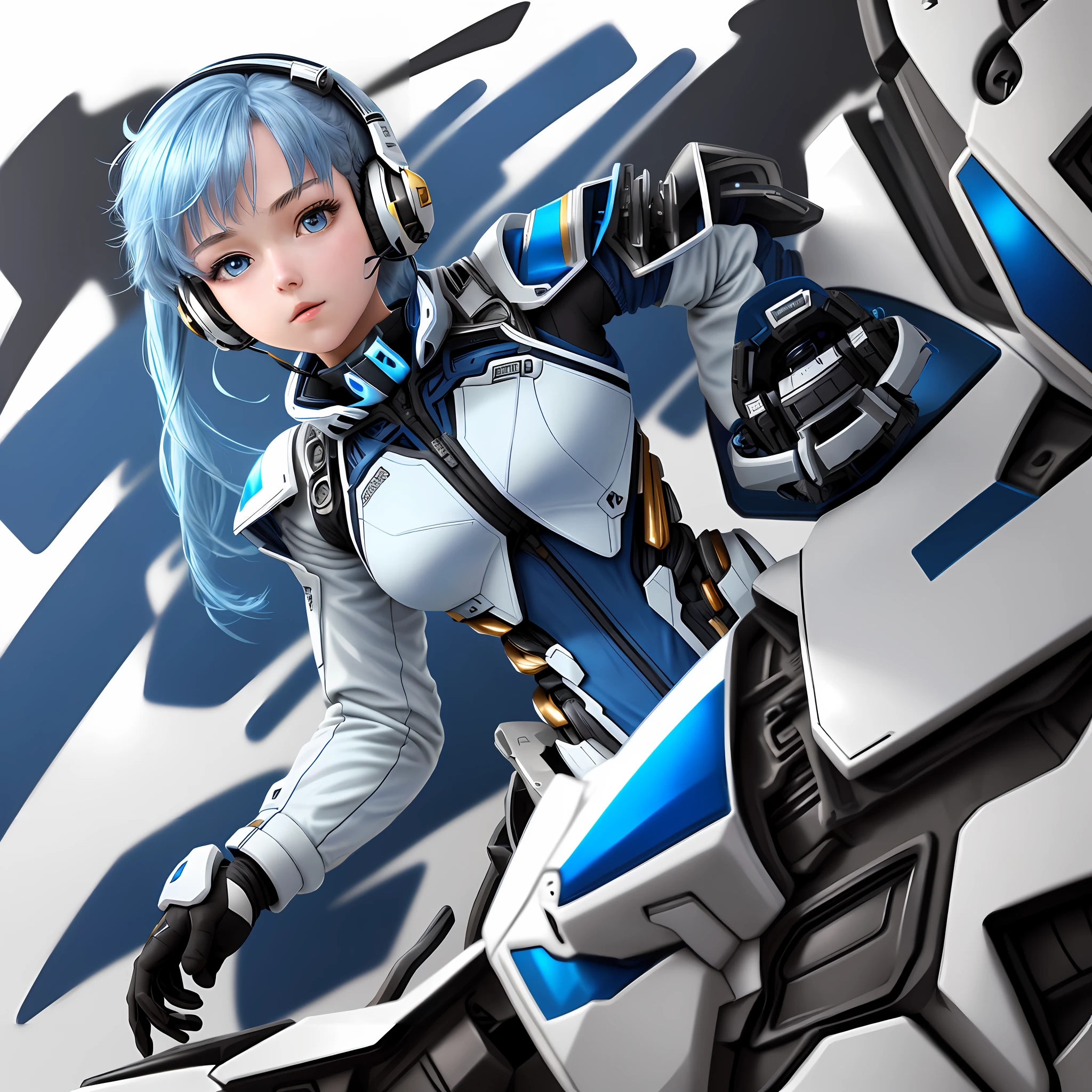 Elaborate CG Unity 8K wallpaper, masterpiece, top quality, distinct_image): (High definition, realistic, detailed details, lone girl, girl with blue hair, full body figure, small breasts, sparkling blue colored eyes, light on face, metallic white and blue and black colored flight suit, tight fit clothes, full-body covering clothes, beauty, ((album cover)), Slim body, exoskeleton, white and blue and black color Gundam pilot, gentle expression, headset)