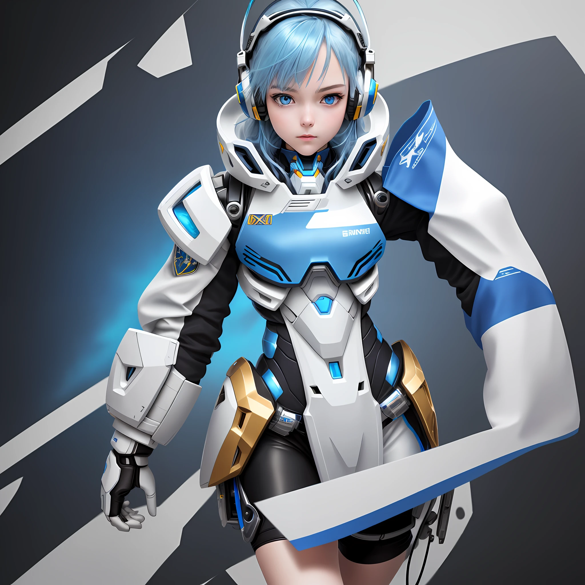 Elaborate CG Unity 8K wallpaper, masterpiece, top quality, distinct_image): (High definition, realistic, detailed details, lone girl, girl with blue hair, full body figure, small breasts, sparkling blue colored eyes, light on face, metallic white and blue and black colored flight suit, tight fit clothes, full-body covering clothes, beauty, ((album cover)), Slim body, exoskeleton, white and blue and black color Gundam pilot, gentle expression, headset)