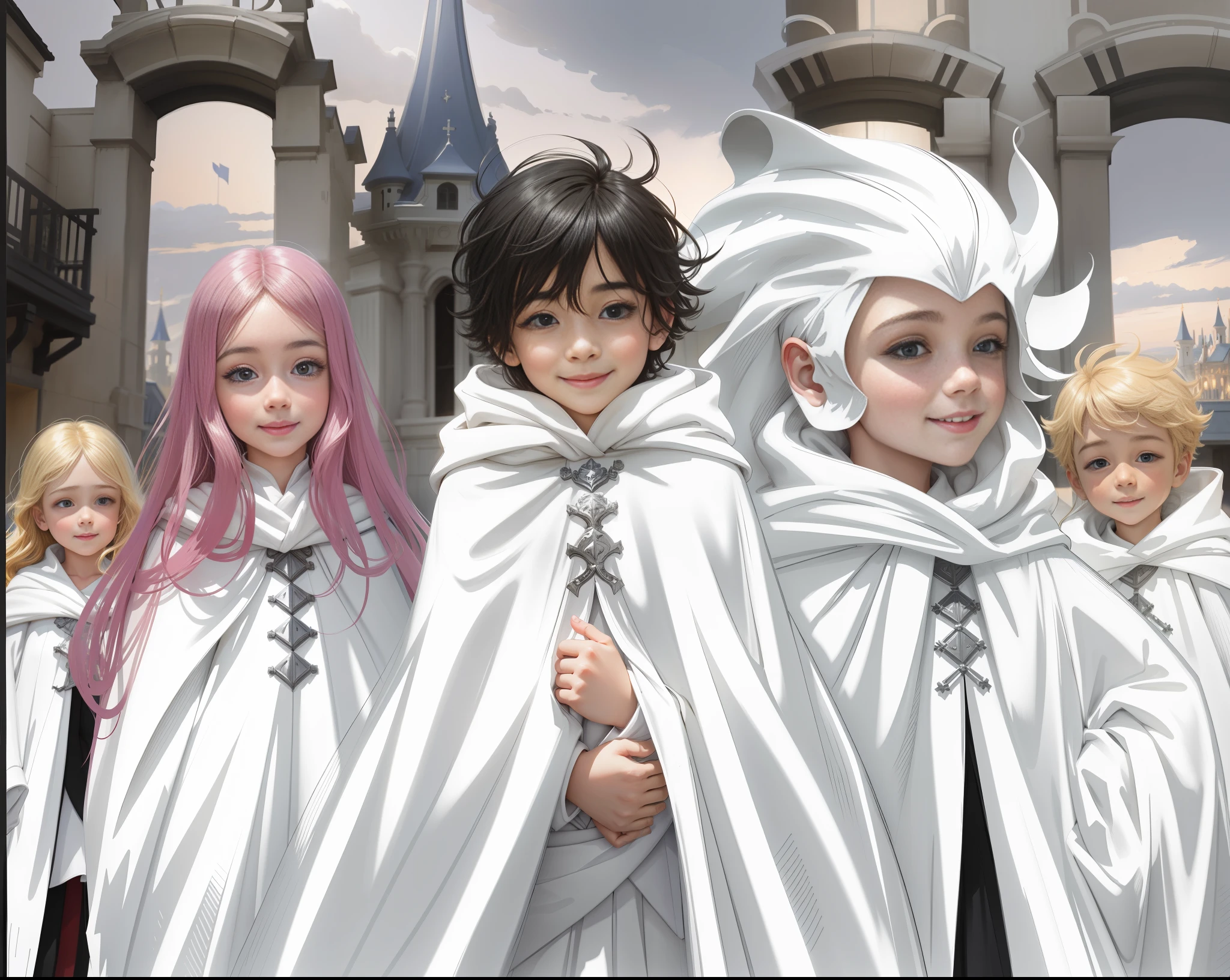 5 in capes, smiling white capes, soft lighting, European architectural background, HD, Disney style,