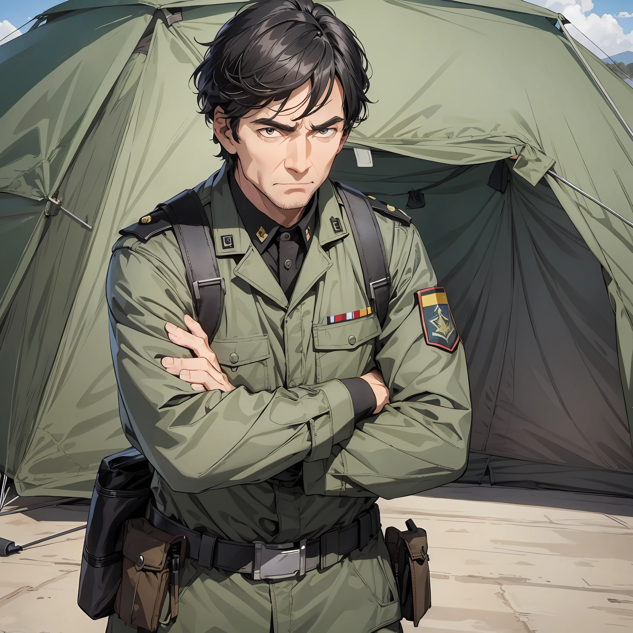 Major General black-haired middle-aged man with serious expression, standing, connected to the landline, the background is the large tent of the combat headquarters, there is a map