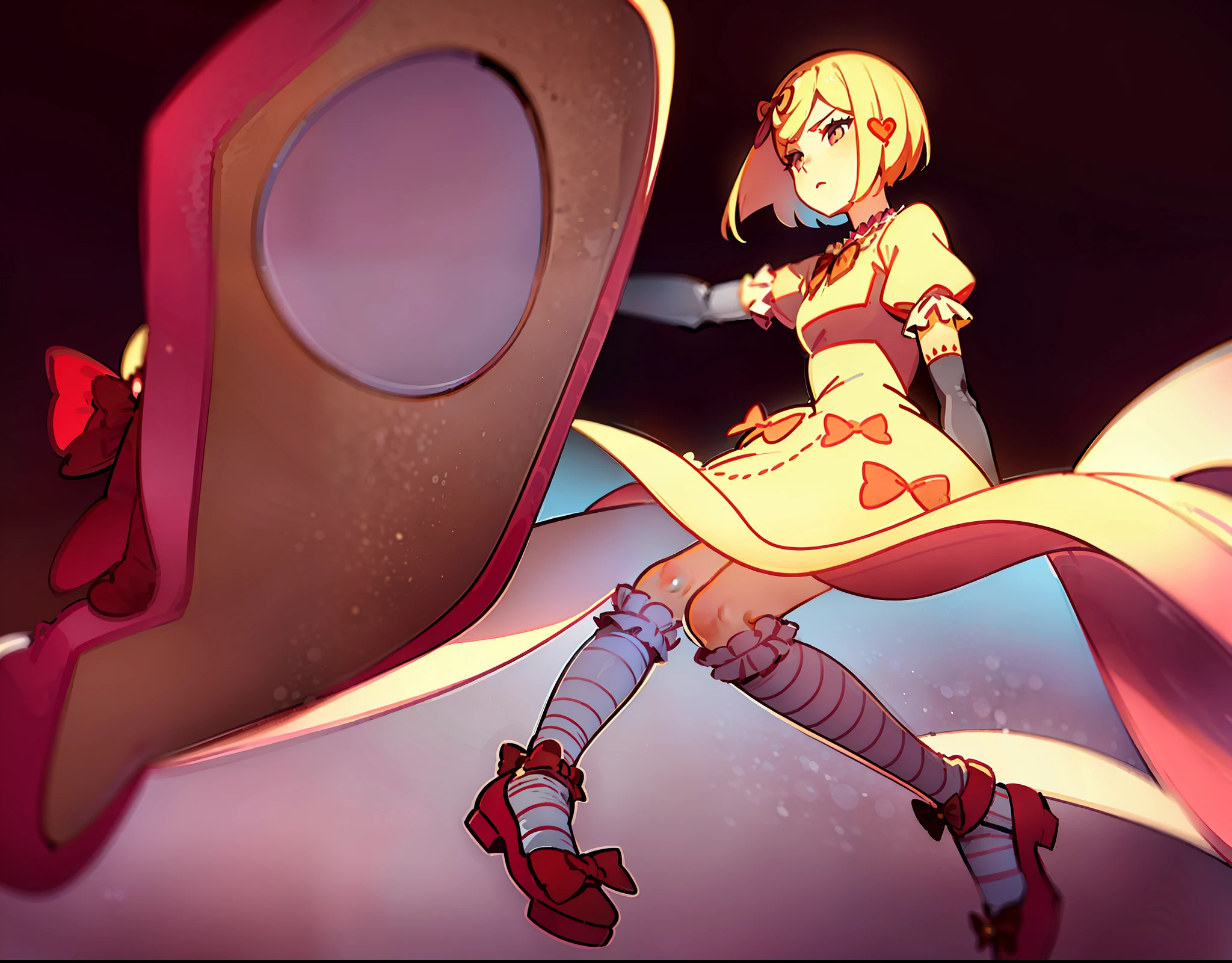 1girl, lambdadelta, pink dress, kneehighs, striped legwear, red shoes, shoe bow, red bows, blond hair, short hair, brown eyes, elbow black gloves, top-down bottom-up, (beautiful girl), (masterpiece), (best quality), (ultra detailed), top quality, (illustration), (high resolution), planets background, detailed background