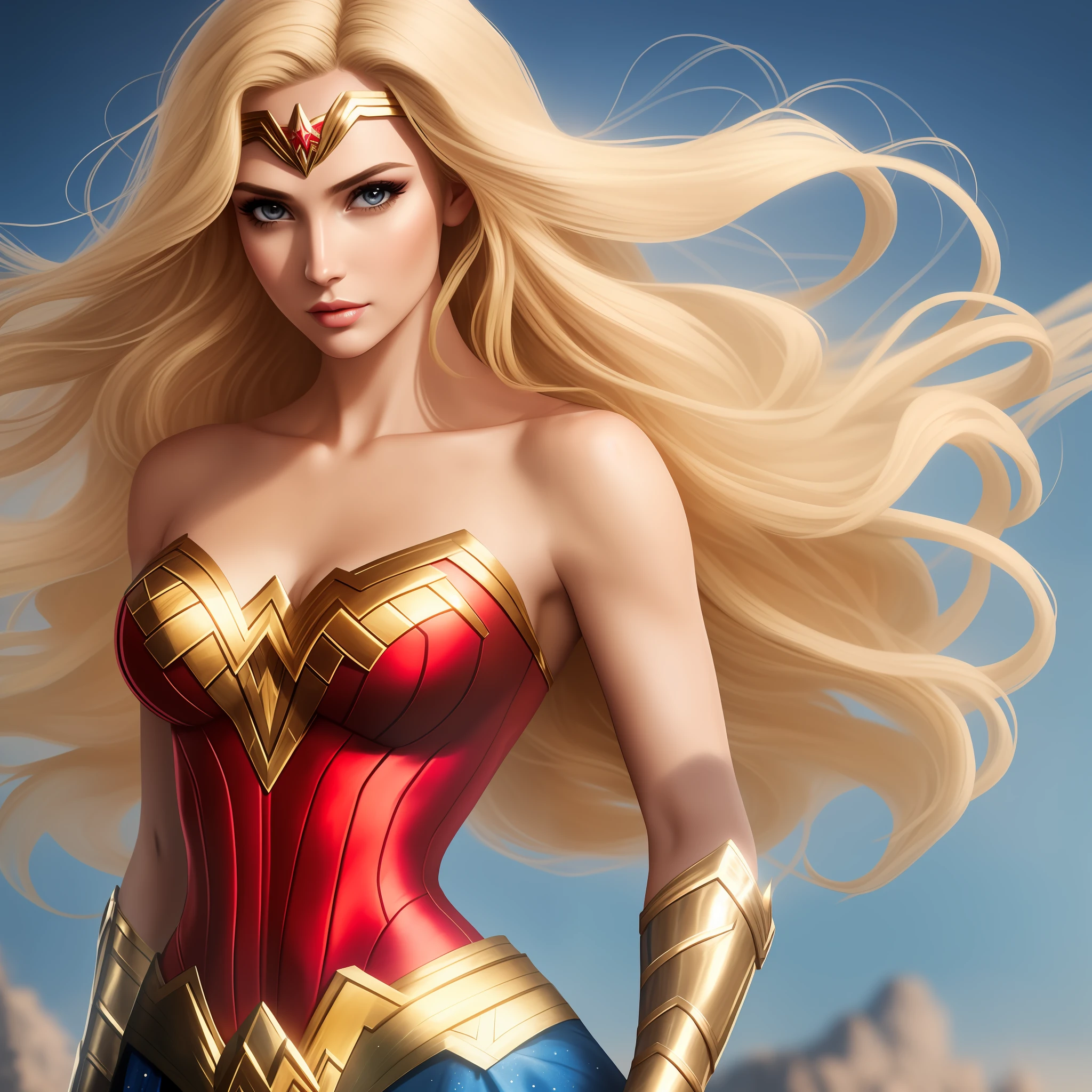 Waist-up photograph of a blonde lady as Wonder Woman. Natural skin, long and voluminous hair, sharp eyes, a thin and upturned nose, shapely lips, an hourglass figure, typical clothes and makeup, intricately maximalist-detailed, vibrant, epic, smooth, cinematic, HD, backlit, and a shallow depth of field.
