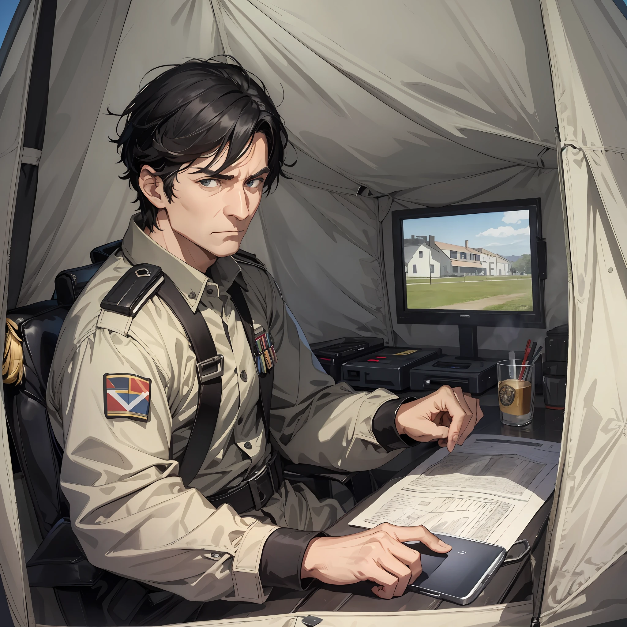 Major General black-haired middle-aged man with serious expression, connected to the landline, the background is the large tent of the combat headquarters, there is a map