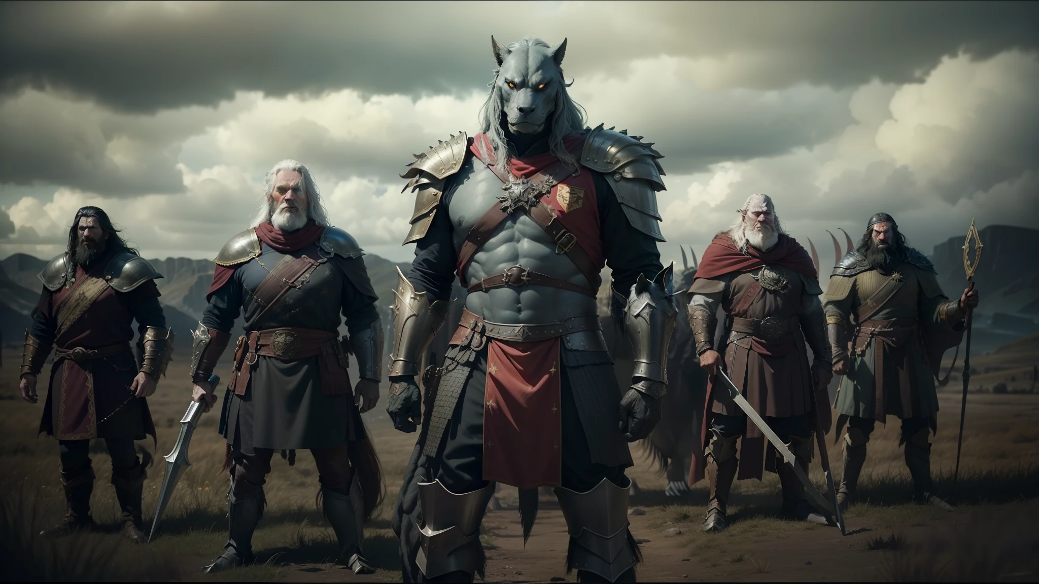 there are many people riding horses with flags and helmets on, best on cgsociety, gryffindor, movie still of a snarling, as atlantean reptilian warriors, by Þórarinn B. Þorláksson, tooth wu : : quixel megascans, anthropomorphic character, promotional shot, conquest