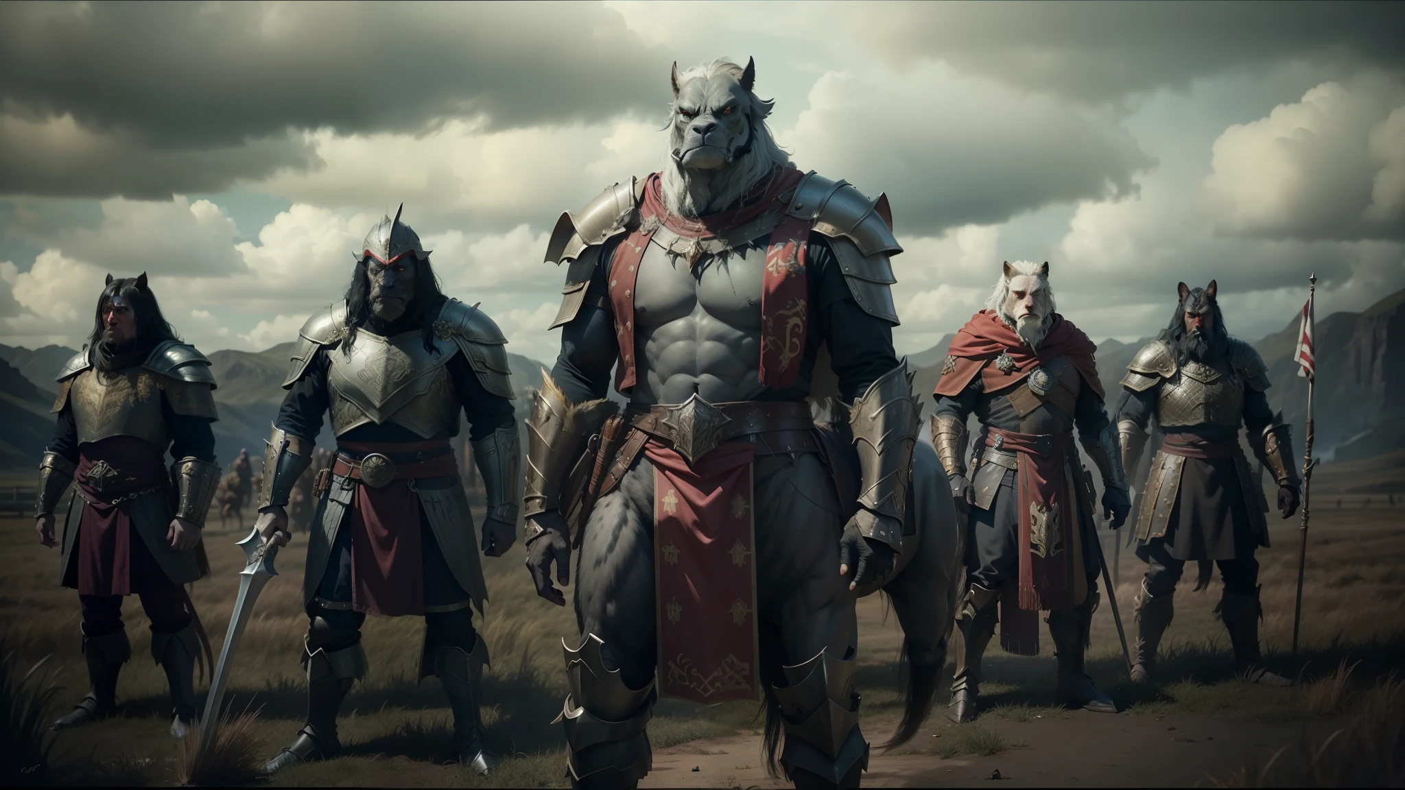 there are many people riding horses with flags and helmets on, best on cgsociety, gryffindor, movie still of a snarling, as atlantean reptilian warriors, by Þórarinn B. Þorláksson, tooth wu : : quixel megascans, anthropomorphic character, promotional shot, conquest