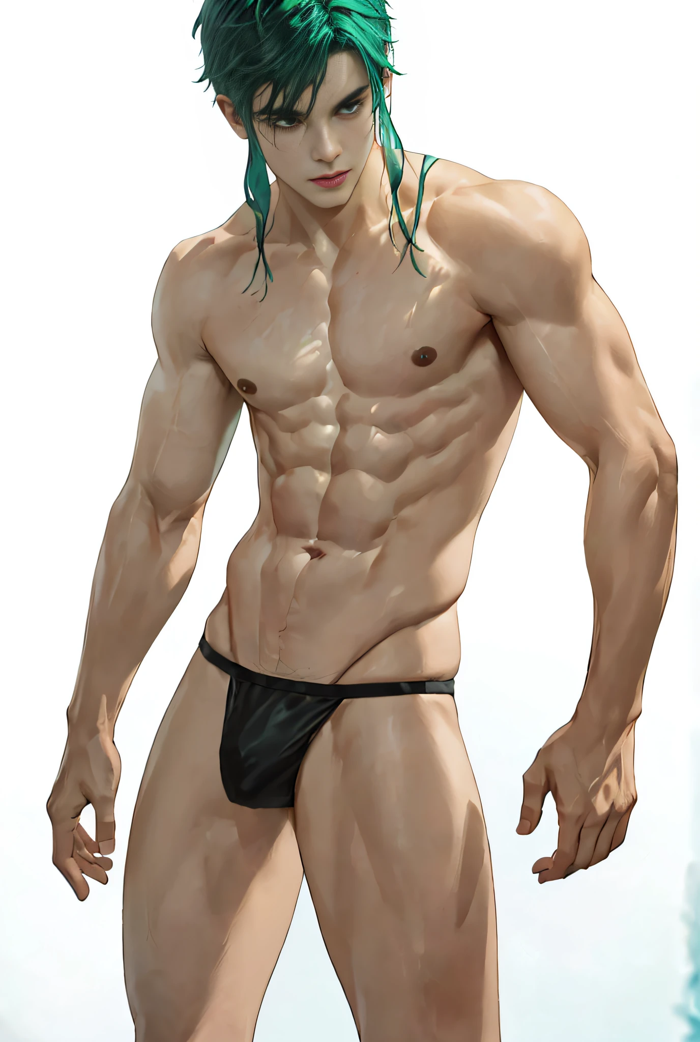 1boy, ((bara:1.5)), sport body, sexy, spread legs, detailed face, detailed hands, detailed legs, detailed fingers, detailed hair, detailed eyes, detailed skin, dynamic lighting, (detailed lighting:1.2), (detailed textures:1.3), (realistic lighting:1.2), realistic shadows, realistic skin, (photorealistic:1.4), 8k uhd, (hyper realistic), (photo realistic), (masterpiece), (best quality), body paint, small tiny black g-string, bare chest, flat chest, bare shoulders, small bulge, underwater, wide angle, swimming, athletic body, male, iridescent skin, perfect eyes, messy green hair , bio-luminescent