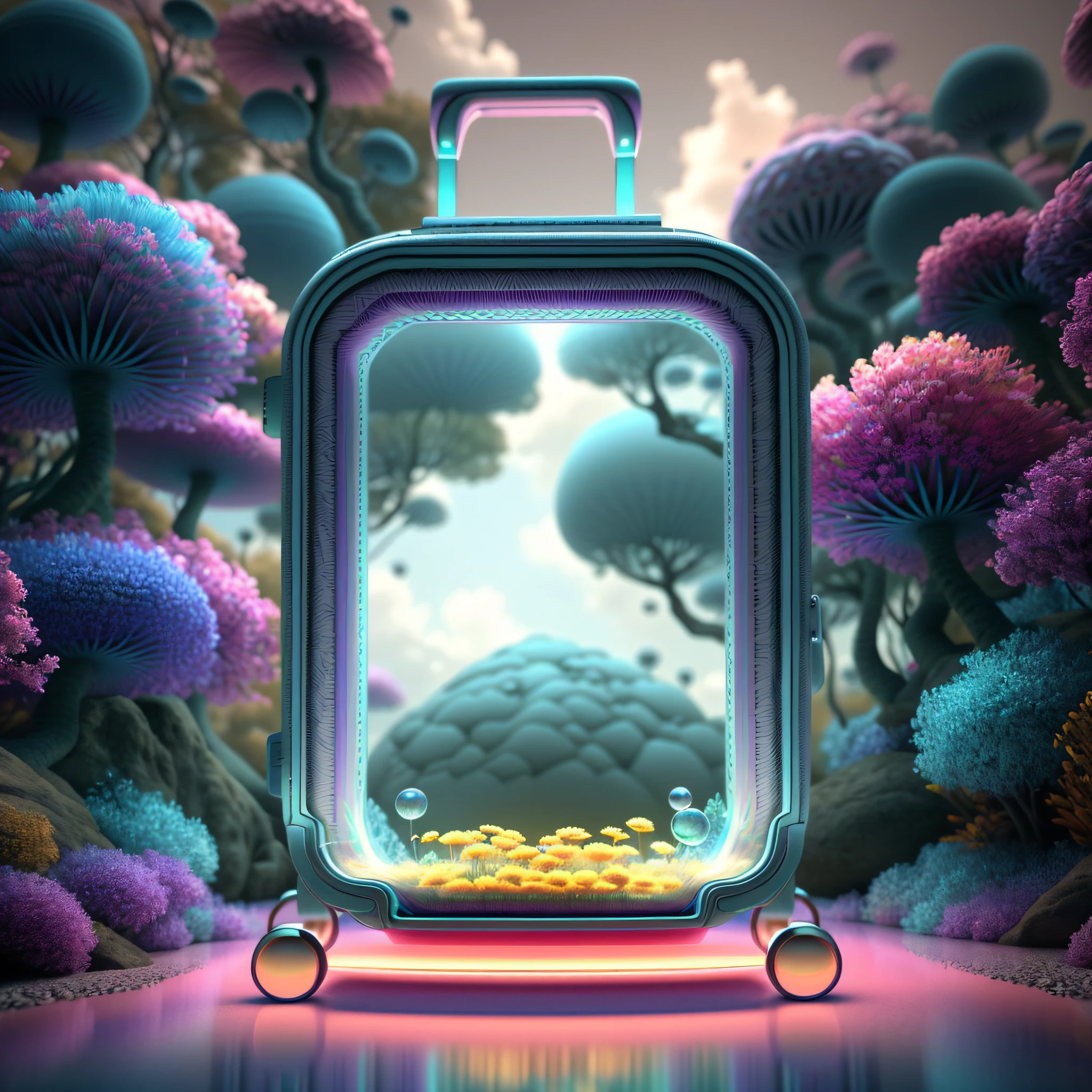 A suitcase product image, (low contrast), color fantasy style masterpiece, best quality, high quality, extremely detailed CG Unity 8k wallpaper, landscape, outdoor, sky, clouds, sky, no one, mountain, landscape, water, tree, blue sky, waterfall, cliff, nature, lake, river, cloudy sky, award winning photography, bokeh, depth of field, HDR, floodlight, chromatic aberration, photorealistic , very detailed, art station trend, CG social trend, complex, high detail, dramatic, halfway art, There is a suitcase with a straw hat on top, clouds, leaves, chrysanthemums floating in the air, paper airplanes, (miniature: 1.2), solid color background, 2.5d illustration, 3d rendering, 3d modeling, bubble matt, trend in behans 3d art, trend in behans 3d art, 3d illustration, 3d illustration, 3d illustration, commercial illustration, cinema 4d color rendering, 3d rendering stylized, stylized digital illustration, 3d stylized scene, stylized 3d rendering