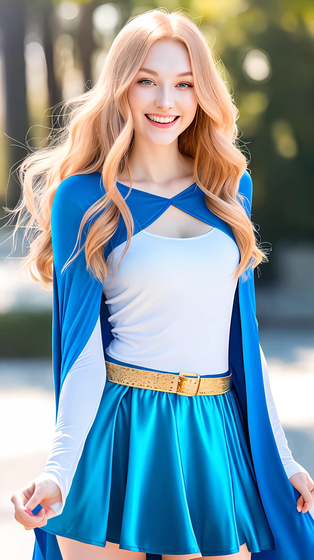 beautiful Gold Knightess redhead Katherine Grace McNamara hysterically laughing out loud and dancing, visible eye laughter lines, visible smile lines, funny weird facial expression, tightly closed eyes, open gaping mouth, long flowing hair, photorealistic, wearing intricately designed high chroma tank top and white over-the-knee boots with bright molten gold belt, cute dimples, wearing purplish blue cape, perfect clean defined underarms, perfect slender feminine body, chiaroscuro solid colors, divine elegance, perfect teeth, beautiful intricate halo, futuristic embers, nice perfect face with soft skin-ice mature perfect face, Full body woman, High contrast light,  dynamic camera angle, Full body Beautiful anime style, clean detailed faces, analogous colors, glowing shadows, beautiful gradient, depth of field, bright hair light, clean image, high quality, high detail, high definition, Luminous Studio graphics engine, cute face, slim waist