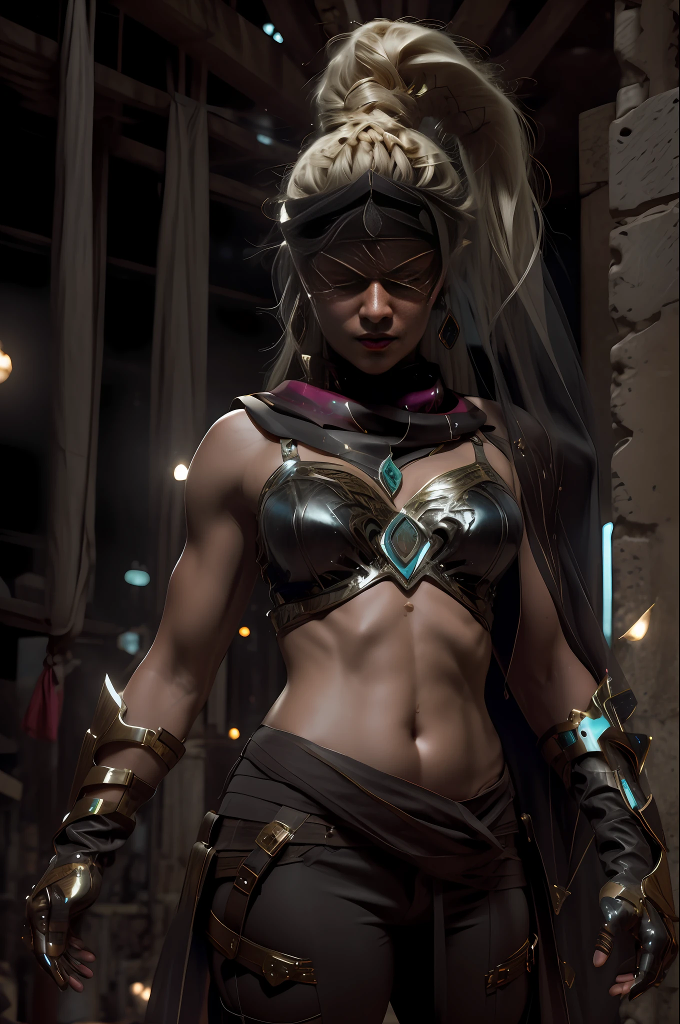 Tadhla, 1girl, solo, long hair, blonde hair, large breasts, gloves, navel, cleavage, jewelry, very long hair, ponytail, braid, midriff, pants, scarf, armor, shoulder armor, red scarf, cyan eyes, glowing eyes, desert, outdoors, night, parted lips, smirk (dark theme:0.9), grim, cold stare, dark colors, volumetric lighting, dynamic lighting hyperdetailed intricately detailed, (hdr:1.22), muted colors, complex background, hyperrealism, hyperdetailed, amandine van ray
