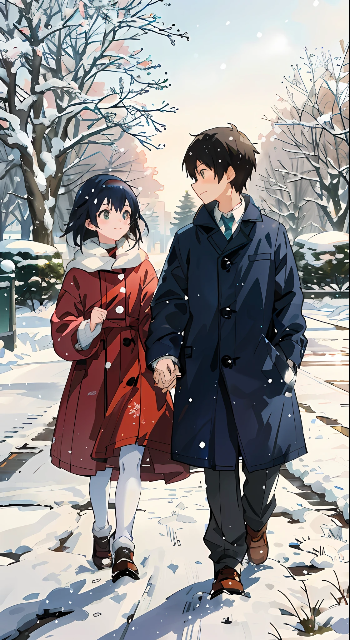 anime characters walking in the snow holding hands, in the snow, in snow, in the winter, guweiz and makoto shinkai, snowing, sakimichan and makoto shinkai, lovely couple, cute anime, snowy day, beautiful anime art style, boy and girl, by Yanagawa Nobusada, 4 k manga wallpaper, beautiful anime