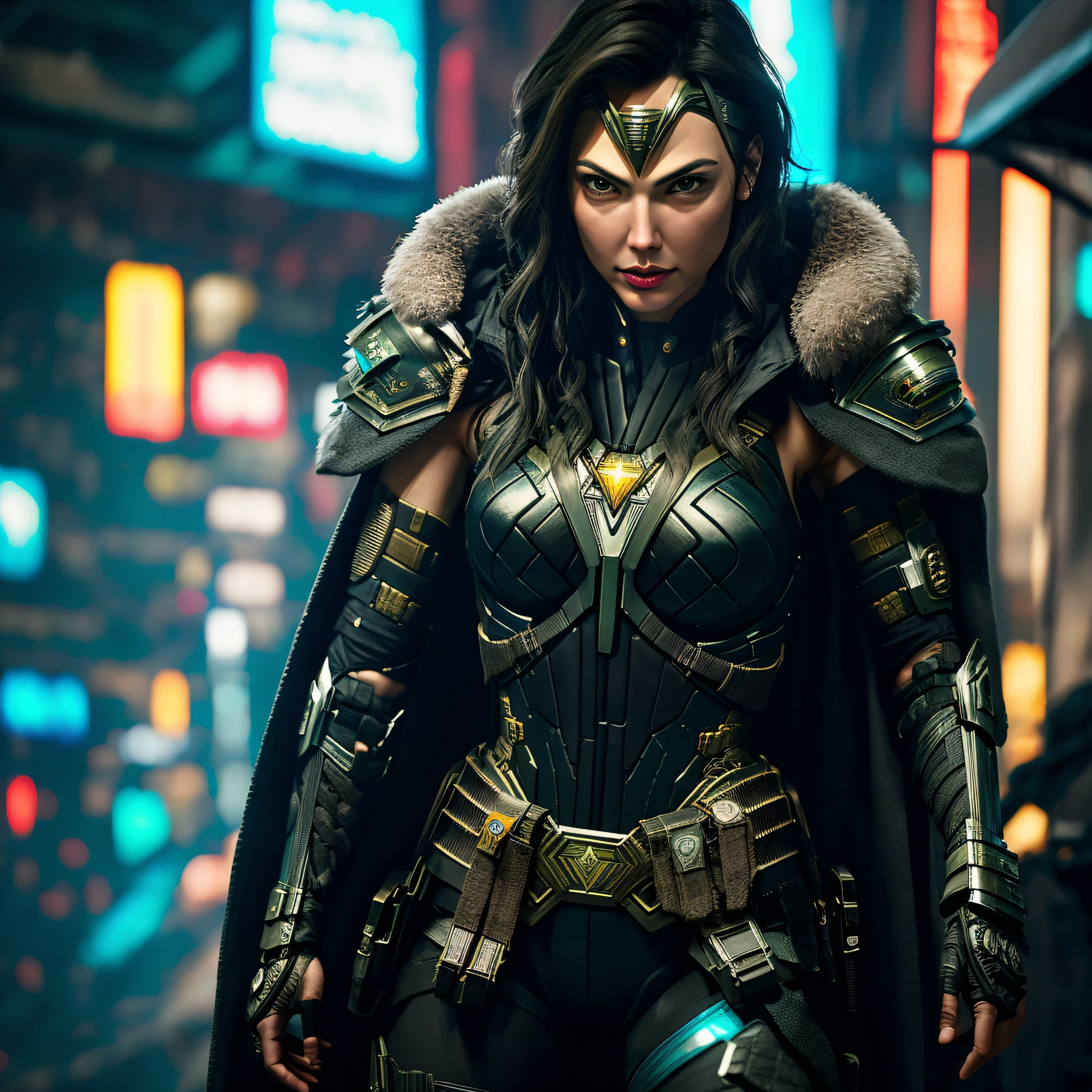 photo by Gal Gadot, cyberpunk style with armor, highly detailed and realistic
