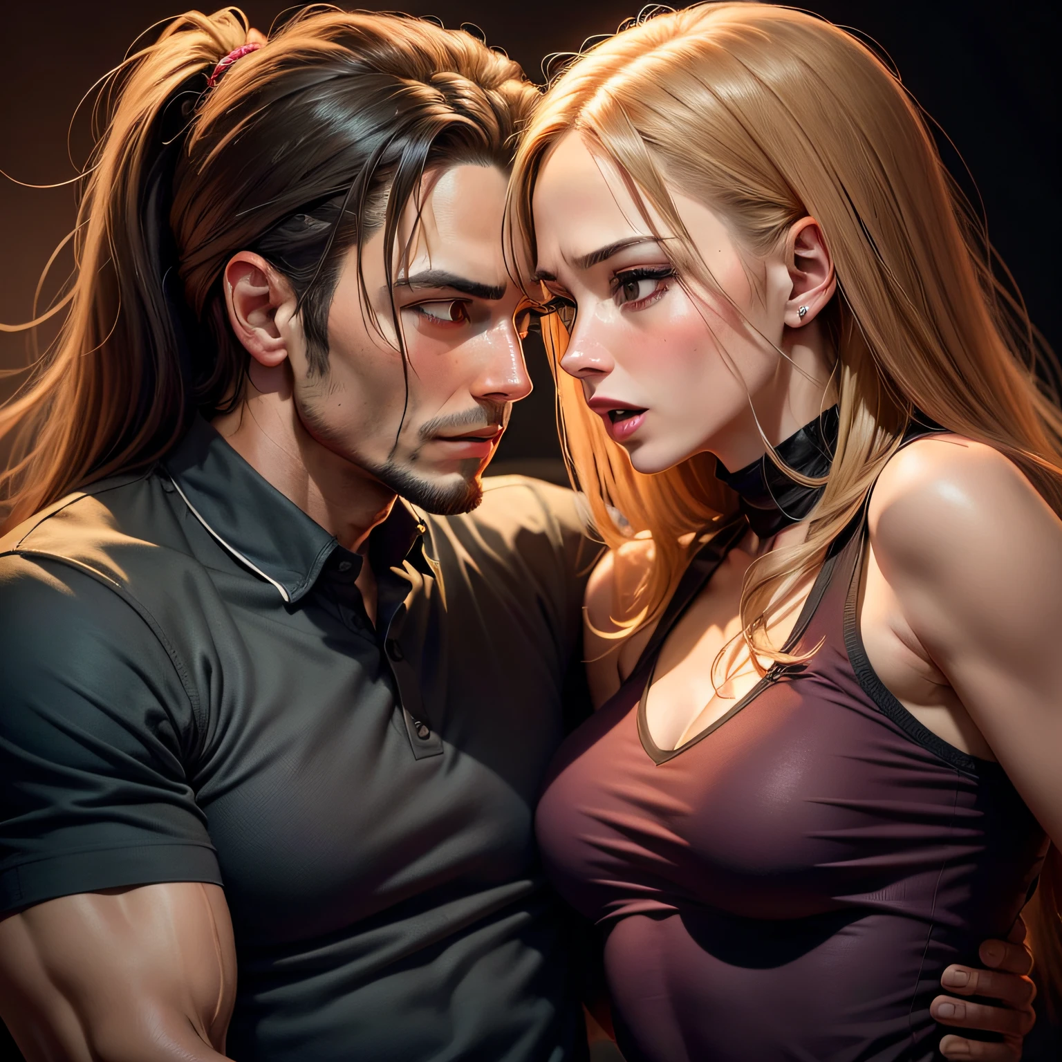 image of man and woman. The man conquering the woman and her with a passionate face. realistic
