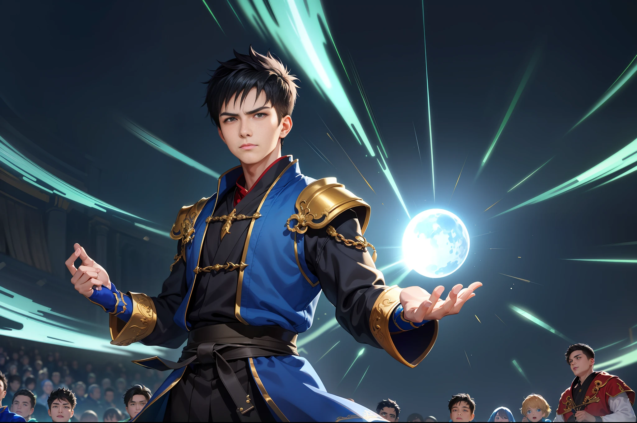 (Masterpiece, best quality: 1.2), Xiu Xian fantasy clothes, 16 years old boy, Ryu\ (SF\), serious, shut up, looking at the audience, black hair, blue glow behind his back