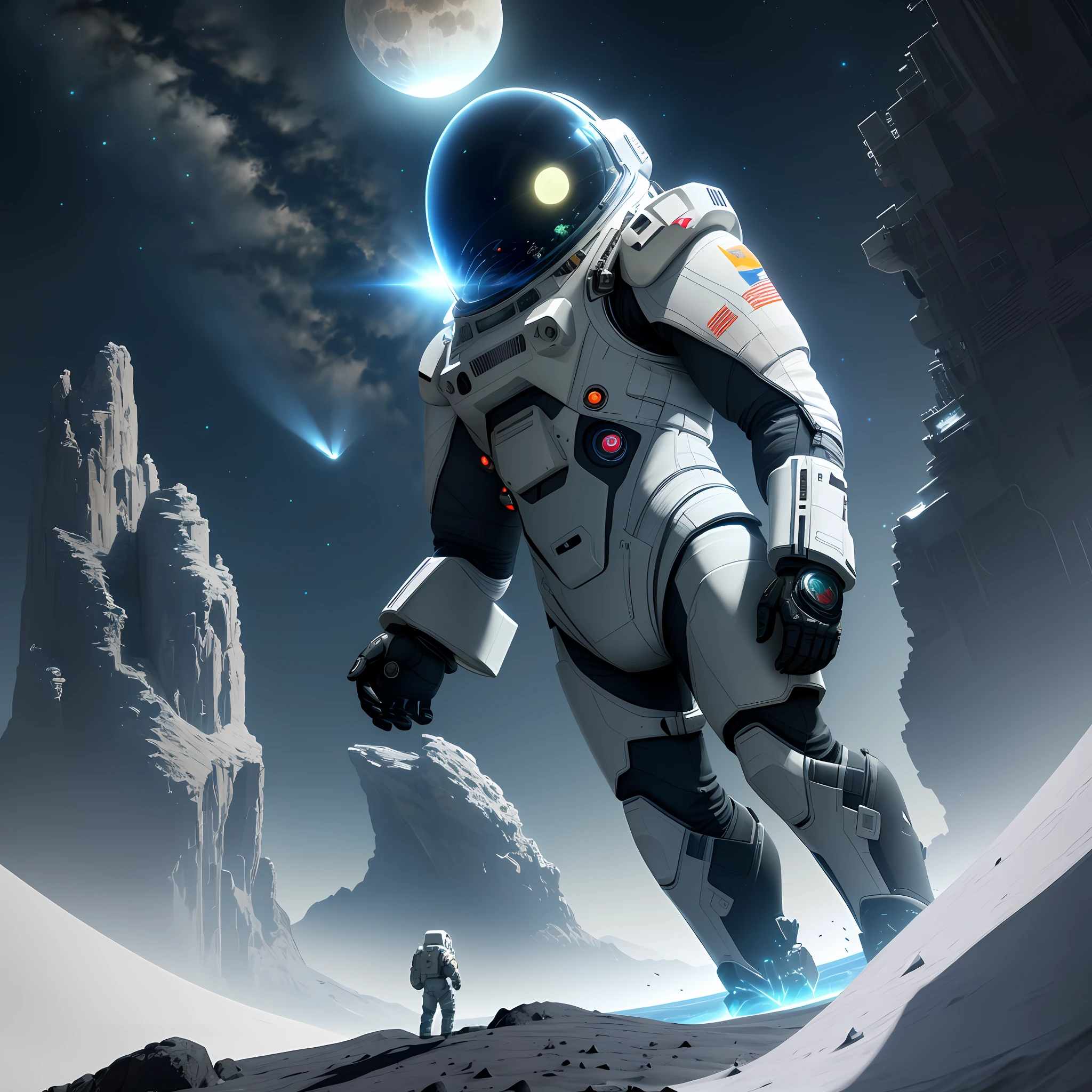 a futuristic astronaut planting a holographic flag on the moon,in the background a whale jumping into a holographic sea,night,4k,hyper detailed,futuristic,death stranding,unreal engine 4