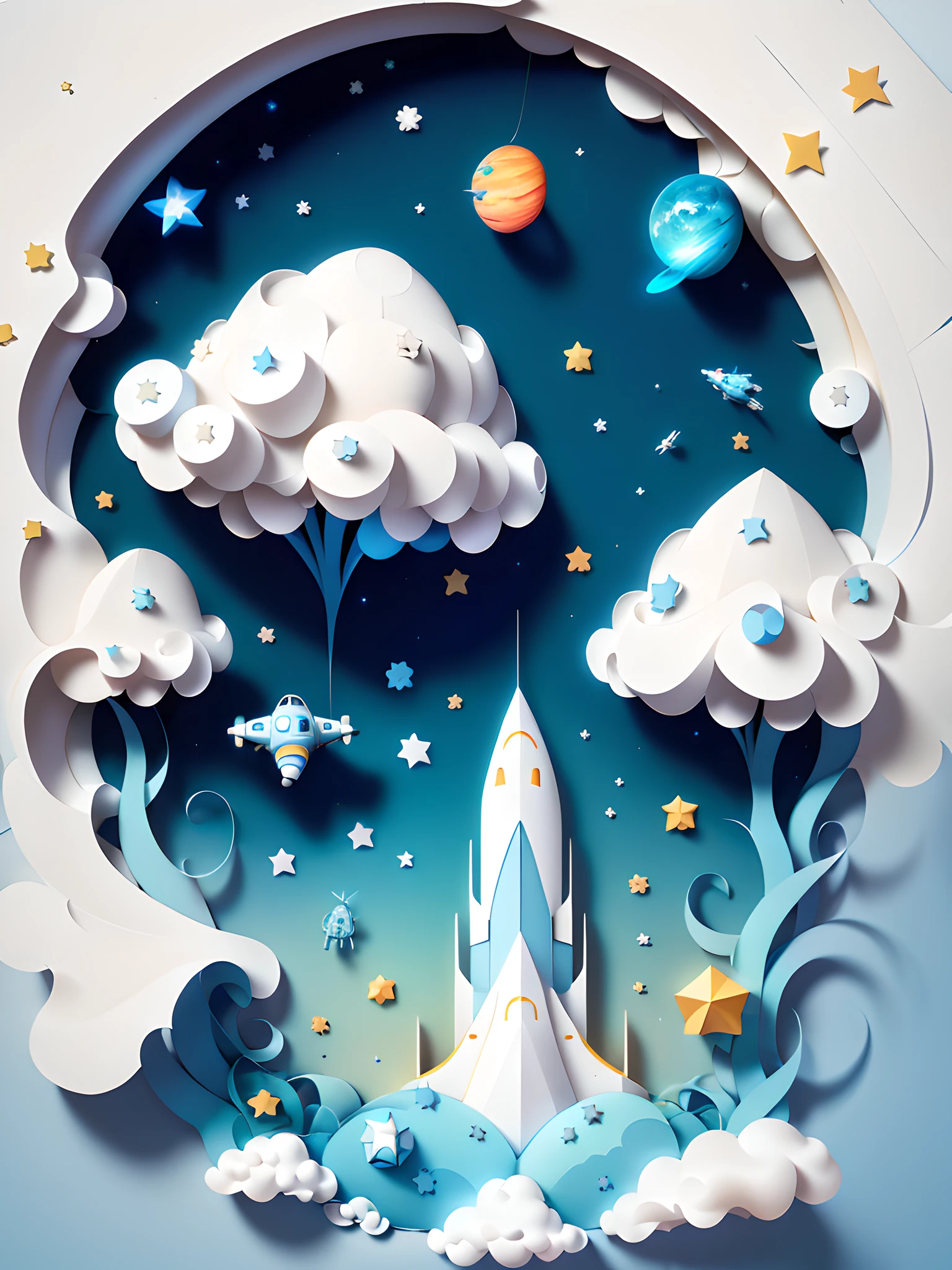 ((Masterpiece))), Best Quality, Light Blue Illustration, Astronaut, Space, Clouds, Star \(Symbol), paper_cut, (White background: 1.1)