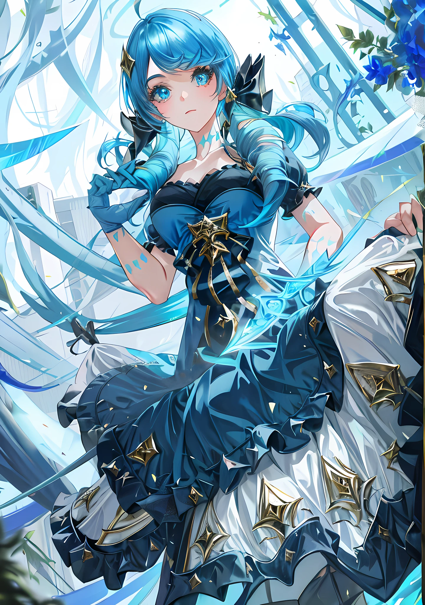Gwen wears a blue double-tailed wig, a Victorian-style blue and black ta dress with a gorgeous tailor-made bow, black thigh-exposed stockings with stitching, her pupils are button-shaped, emitting a blue halo, and her weapon is a giant pair of scissors