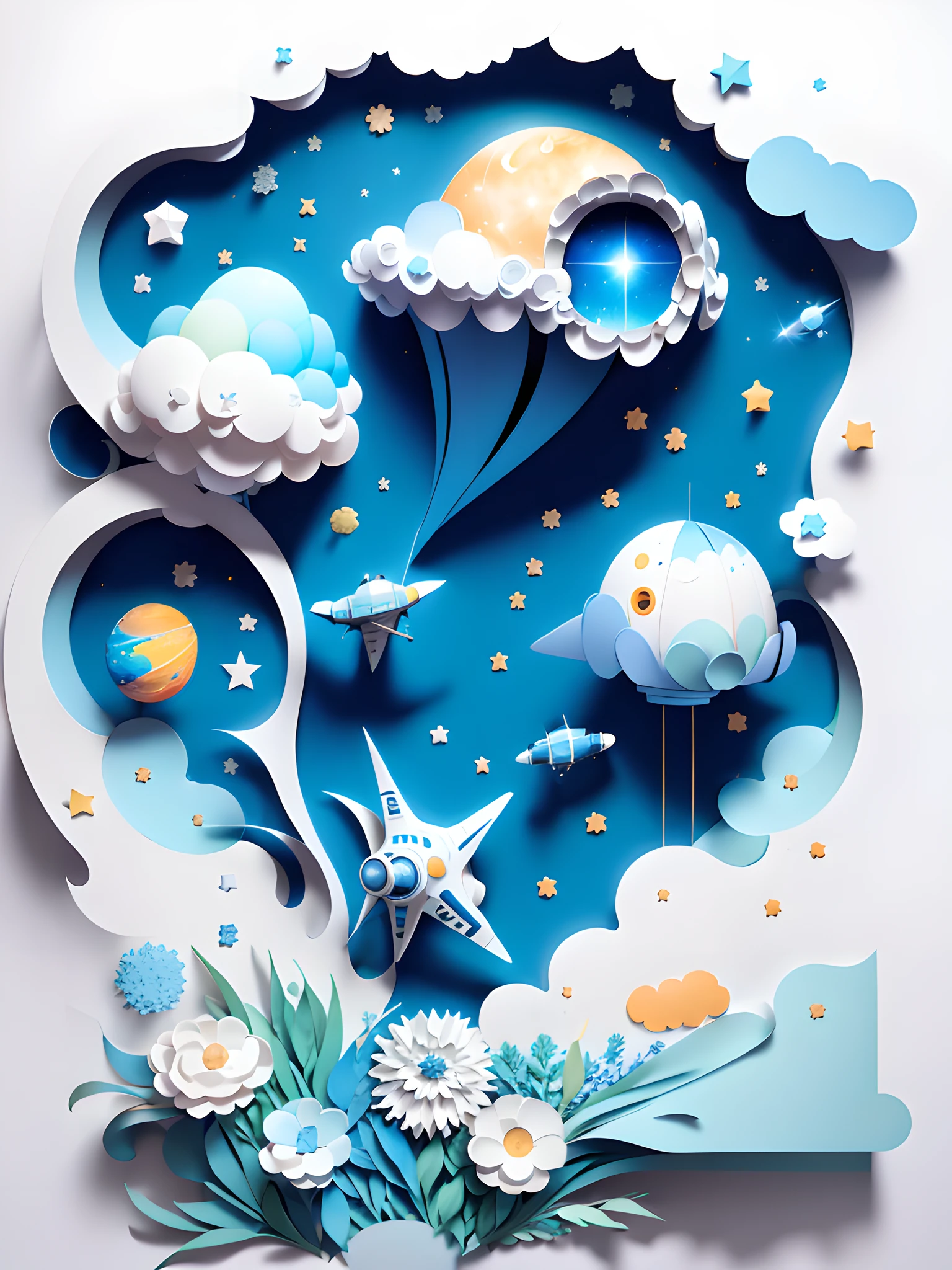 ((Masterpiece))), Best Quality, Light Blue Illustration, Astronaut, Space, Clouds, Star \(Symbol), paper_cut, (White background: 1.1)