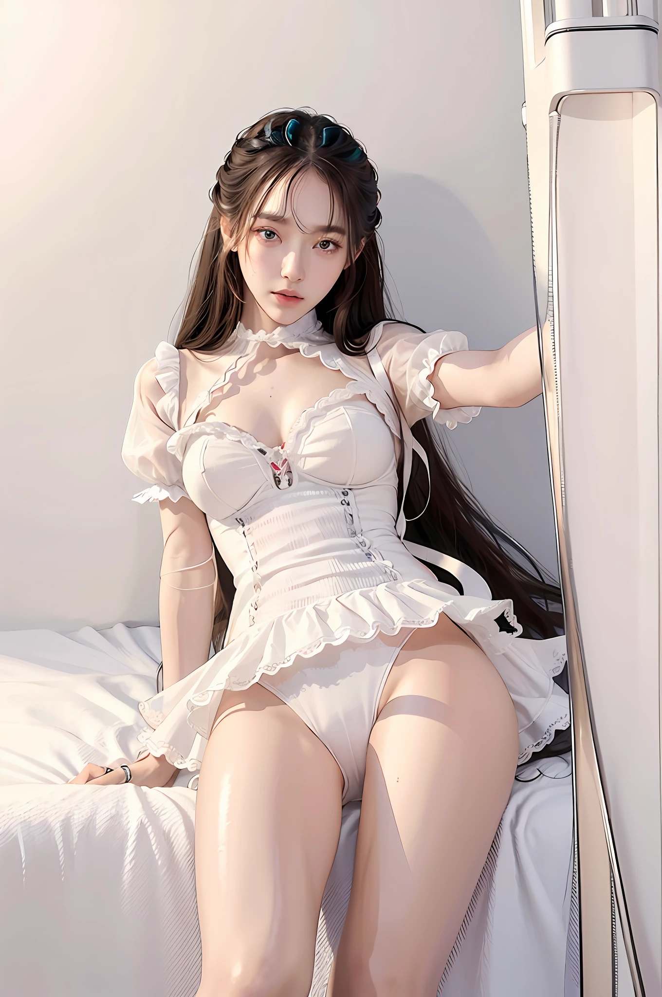 (hyperrealistic), (illustration), (high resolution), (8K), (extremely detailed), (best illustration), (beautiful detailed eyes), (best quality), (super detailed), (masterpiece), (wallpaper), (detailed face), solo, 1 girl, white wavy hair, korean, heterochromic eyes, small moles under the eyes, loose white shirt, thong , big breasts, long legs, tight abs, camel toes, dynamic pose