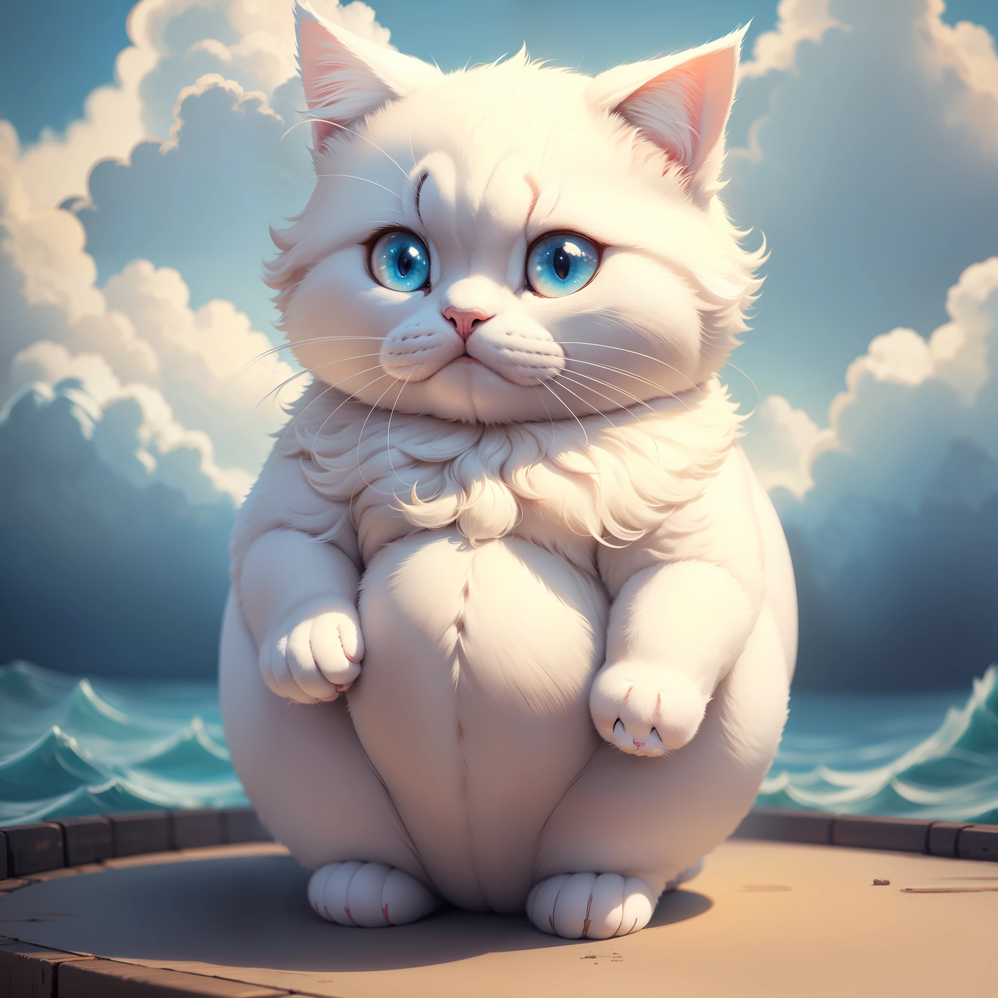 bun cat, chubby cat, cloud, bright, highly detailed, masterpiece, high quality, cute creature