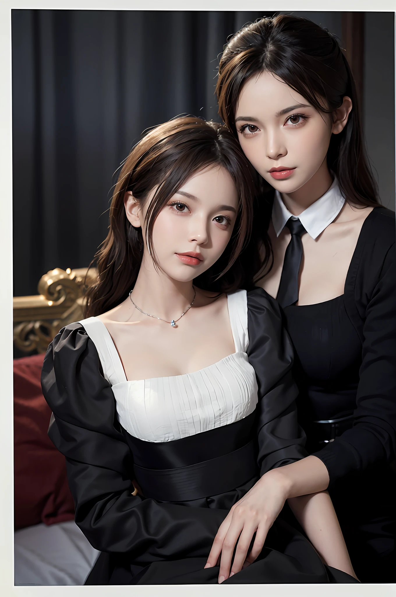 Two girls, lesbian couple, an elegant and a  tired girl looks her appearance next to her maid