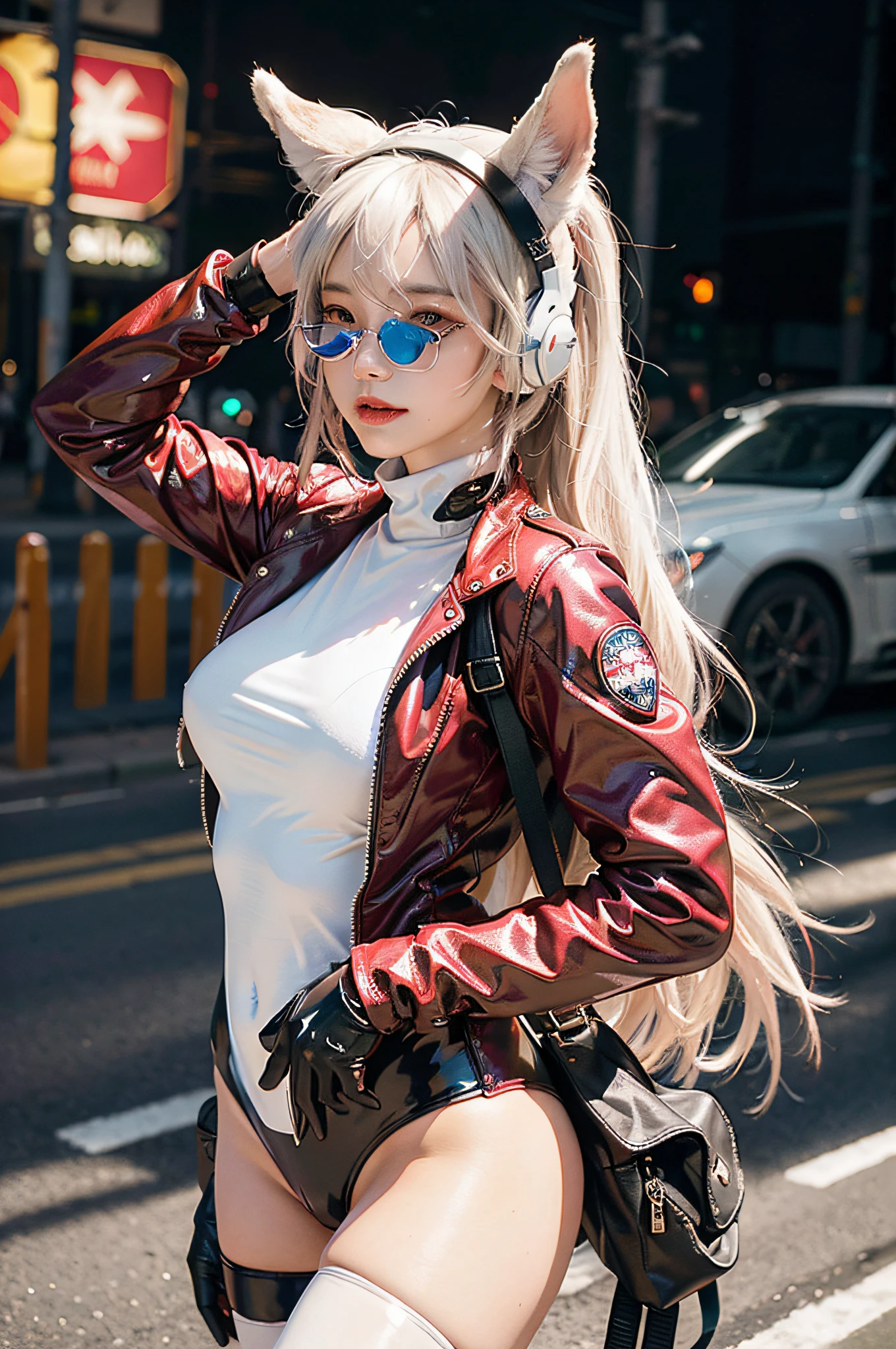 (RAW photo, best quality, masterpiece:1.2), (realistic, photo-realistic:1.4),(masterpiece:1.4),(best quality:1.4),1girl, solo, :d, animal ear headphones, animal ears, arms up, bangs, blush, bodysuit, breasts, bunny pose, clothes writing, covered navel, cowboy shot, cropped jacket, fake animal ears, gloves, outdoor,morning,snow, hair intakes, headphones, impossible bodysuit, impossible clothes, jacket, large breasts, latex, latex bodysuit, long hair, long sleeves, looking at viewer, large breasts, multicolored gloves, open mouth, pink bodysuit, pink eyes, red eyes, red jacket, shiny clothes, shrug \(clothing\), sidelocks, skin tight, smile, thigh gap, thighs, twintails, very long hair, white gloves, white hair,alice \(nikke\),(shiny skin),realistic,