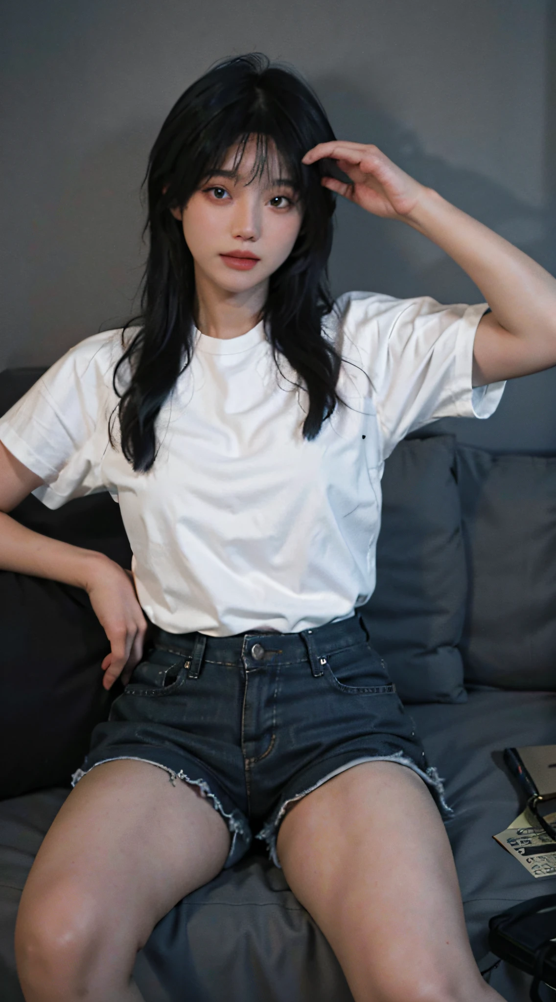 Realistic, high resolution, 1 girl, gray blue hair, Korean, blue eyes, white shirt, black shorts, thick thighs