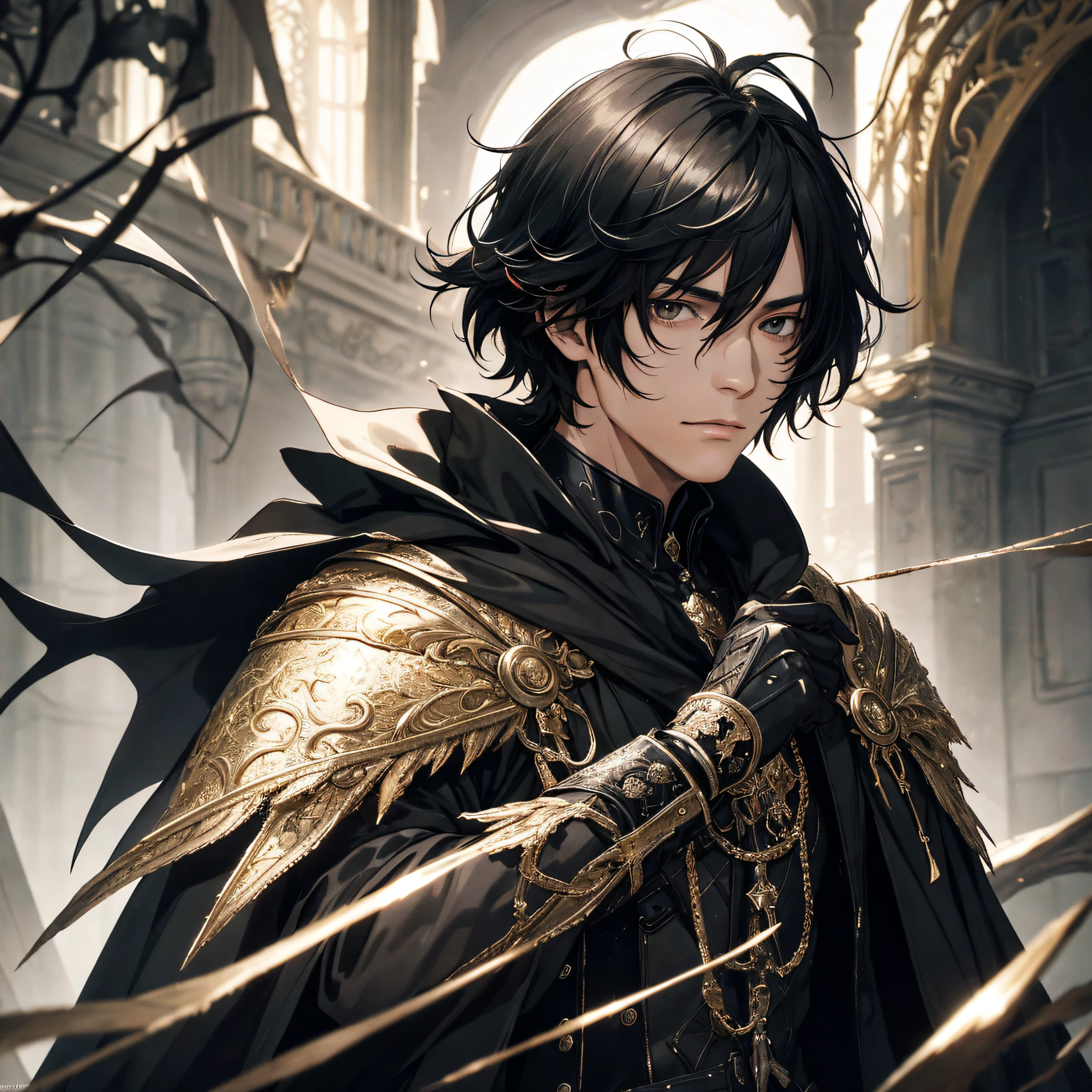 masterpiece, best quality, 1man, adult, male focus, solo, medium black hair, vibrant black eyes, looking at viewer, cape, High quality metal texture, overcoat, closed mouth, upper body, bangs, high collar,(kbxll:0.6), Fantasy aesthetics, Highly detailed, shadowverse style, fantasy outfit, metalic black gloves