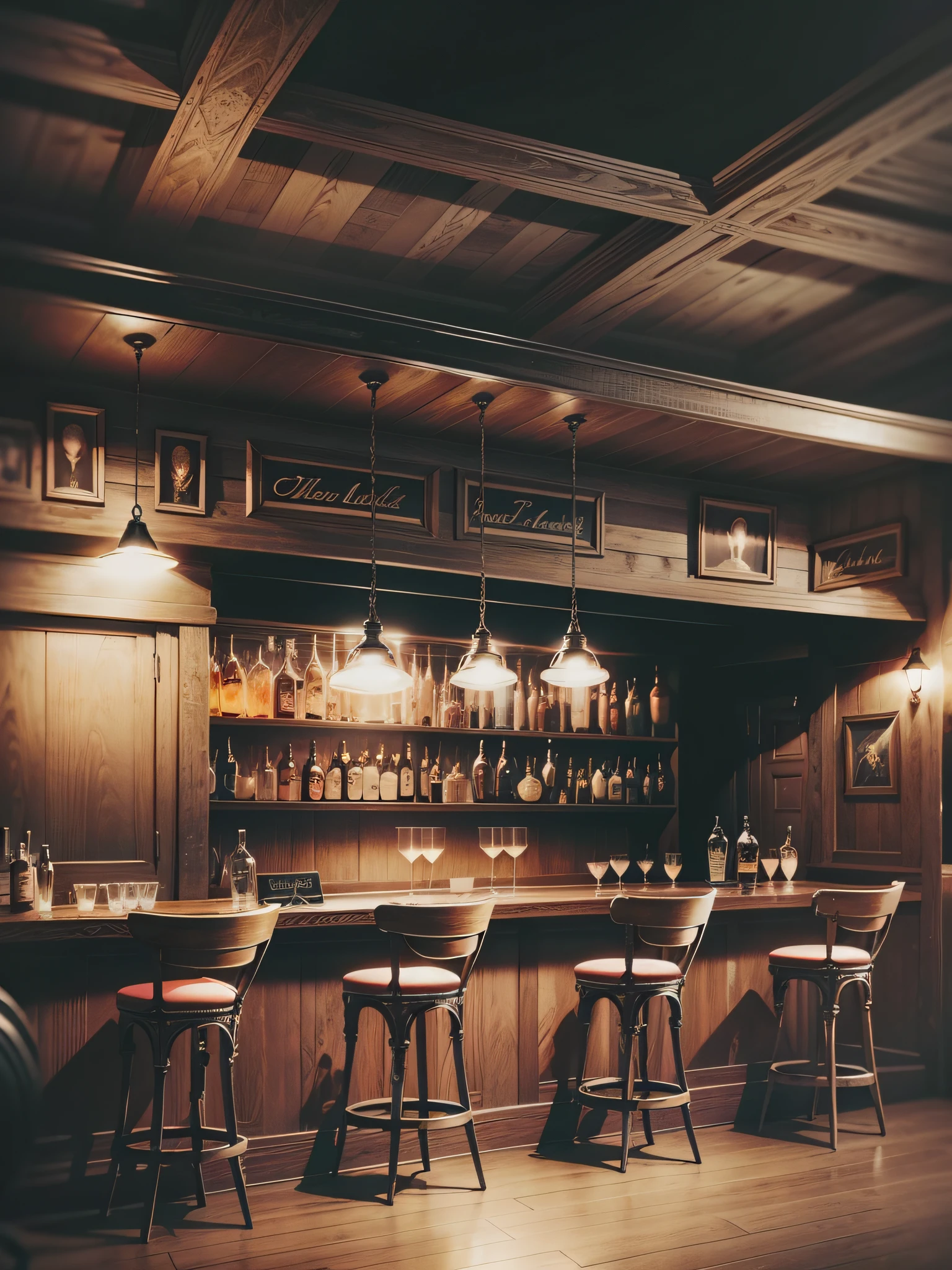 flayer cocktail bar antique, no signs, no text, lots of wood, with ((stage and microphone)), at night, low lighting, no people, light fog, overhead illuminated stage, concept art, american propaganda poster, film lighting, f/16, 16k